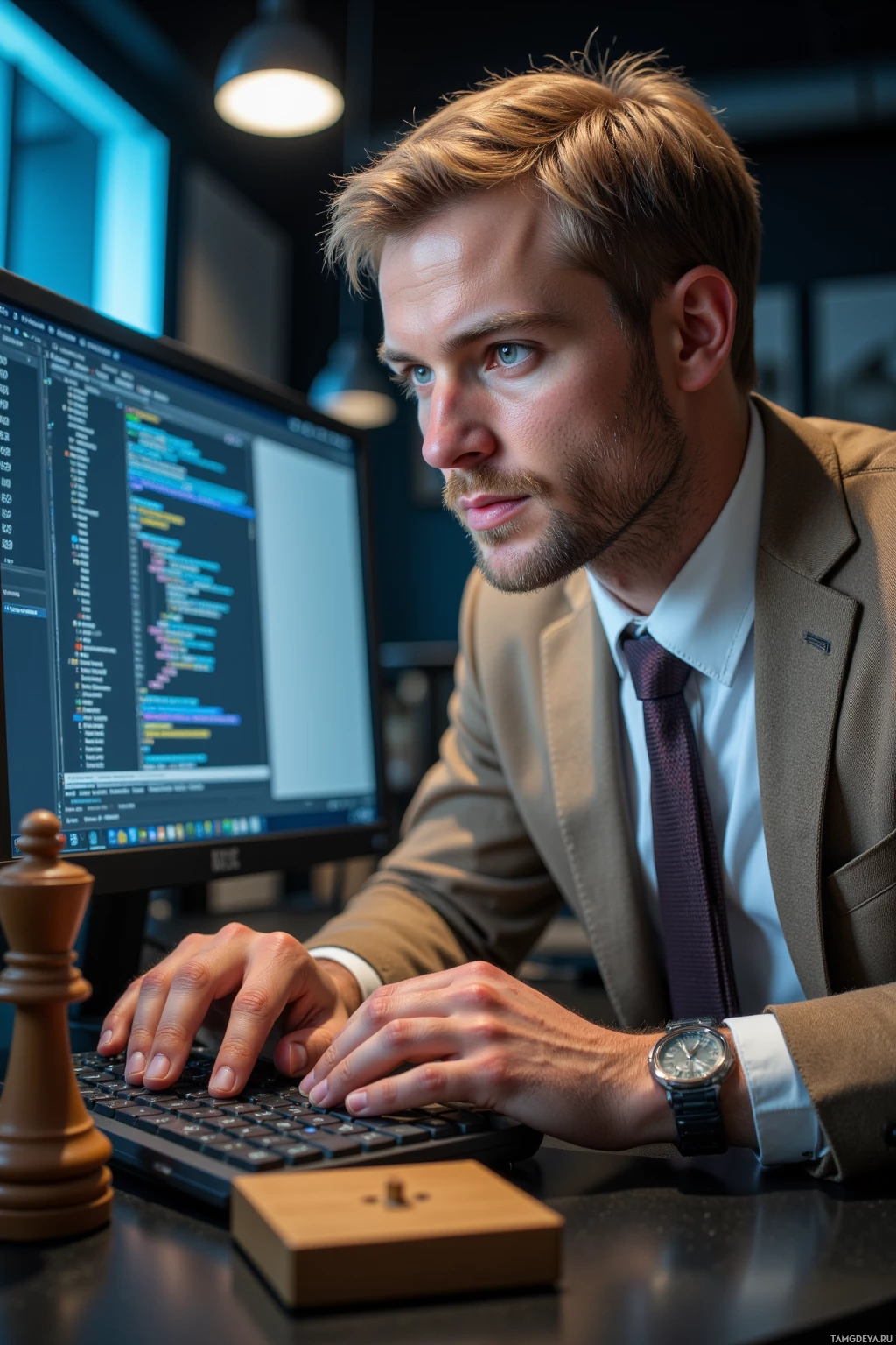 A person in a suit is working at a computer with code visible on the screen.