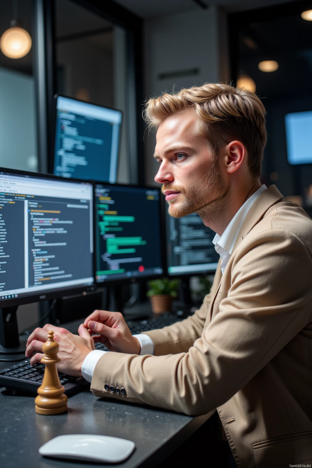 A person in professional attire is working at a desk with multiple computer monitors displaying code.
