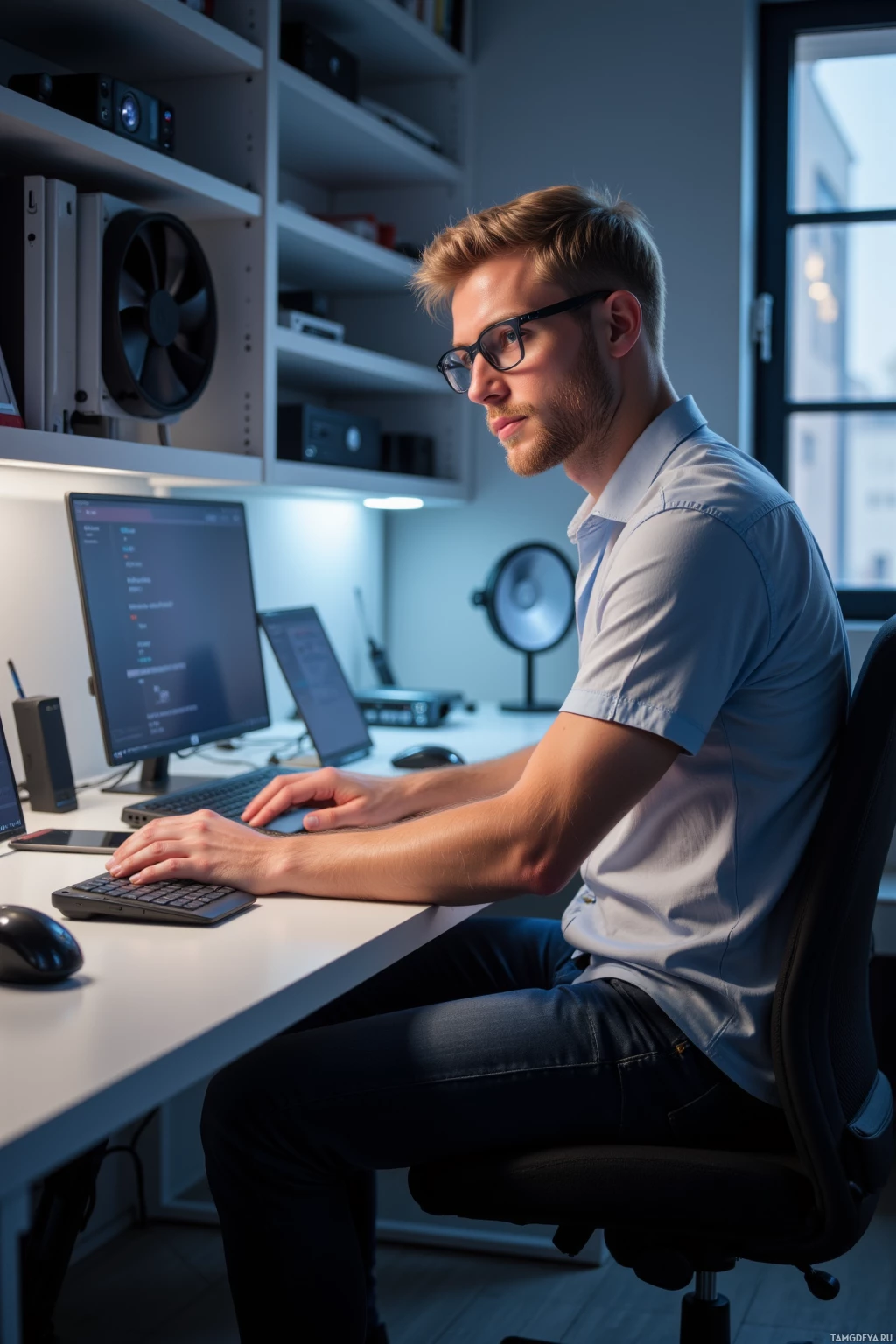 A man is seated at a desk working on a computer in a modern office setting.