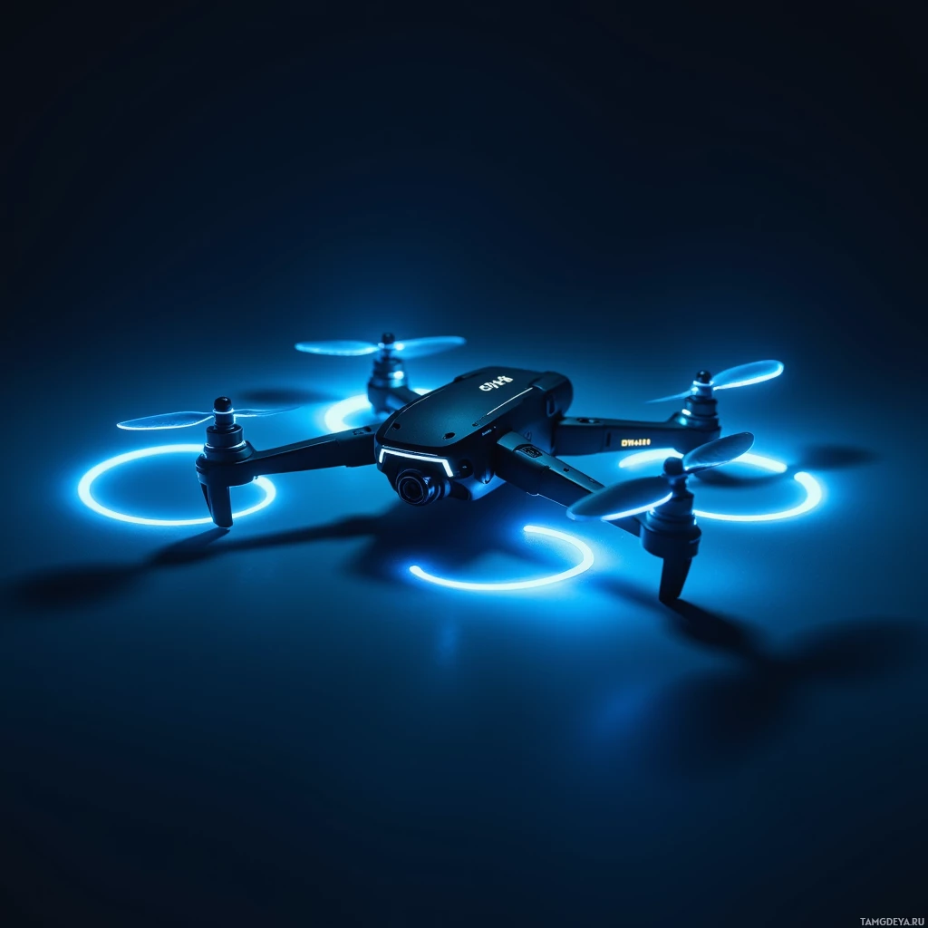 A drone with glowing blue propellers is illuminated against a dark background.