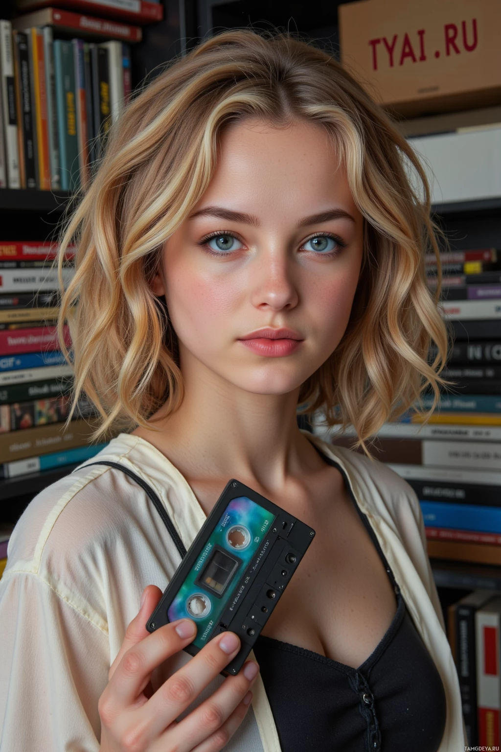 A person holding a cassette tape in front of a bookshelf.