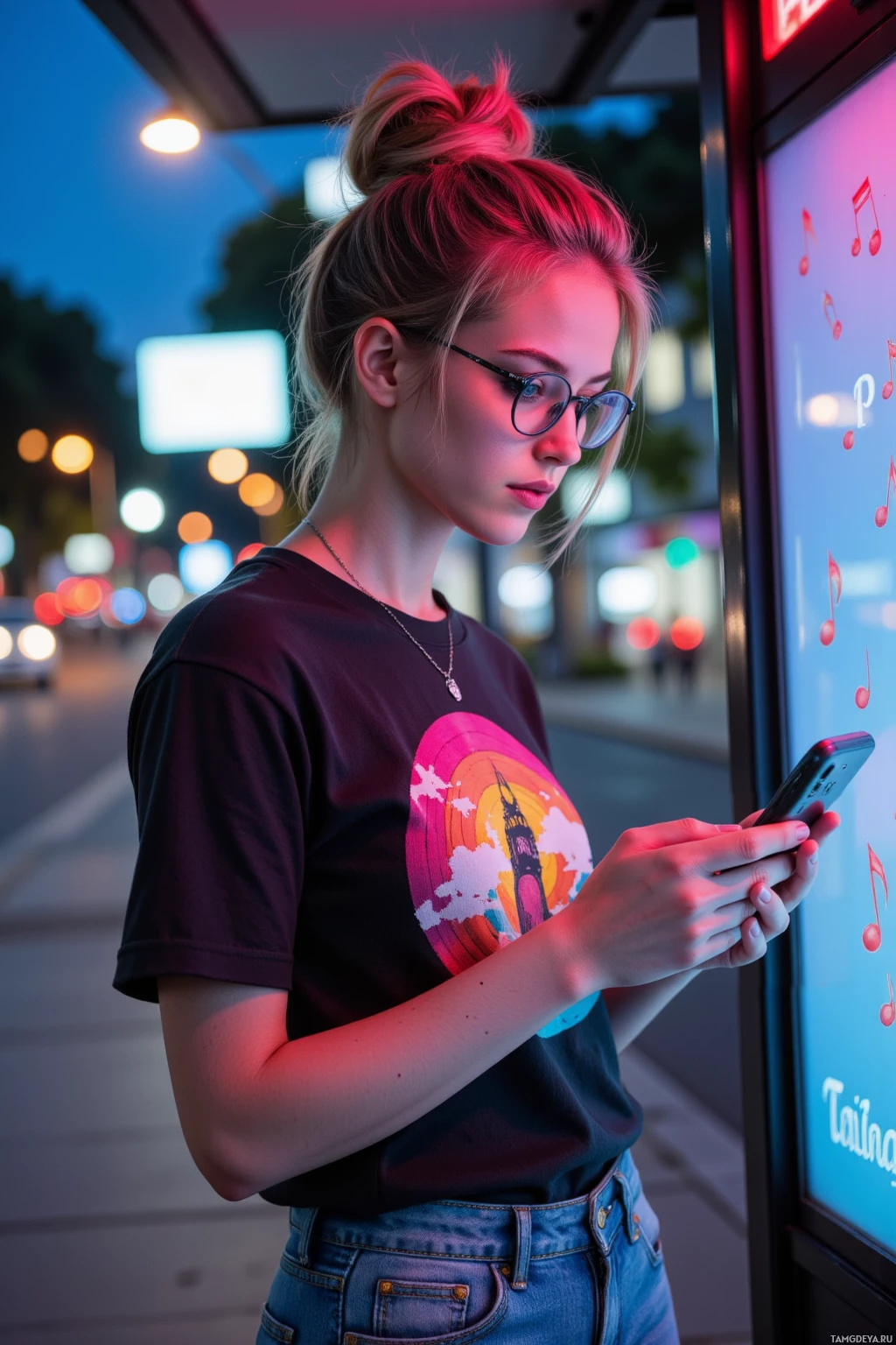 A young woman stands on a city street at dusk, looking at her phone.