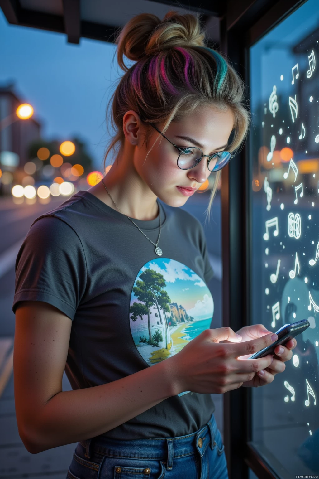 A person with colorful hair in a bun, wearing glasses and a t-shirt with a scenic print, looks at a phone with glowing music notes in the background.