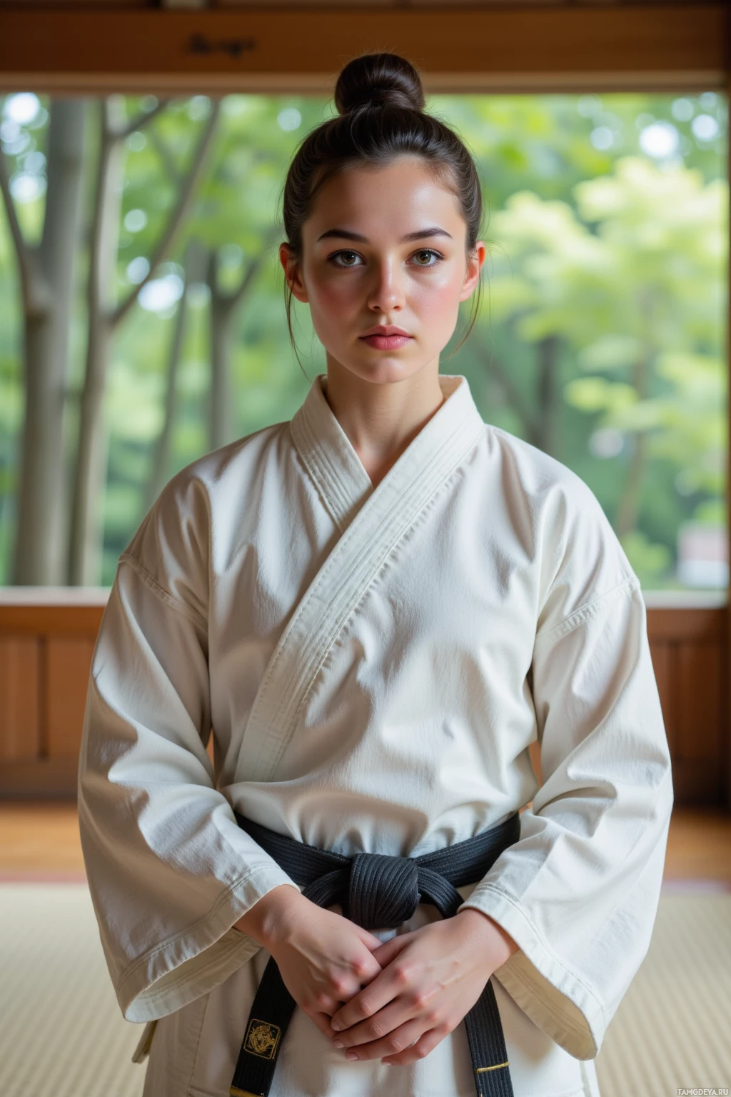 A person wearing a white martial arts uniform with a black belt stands in front of a window with greenery outside.