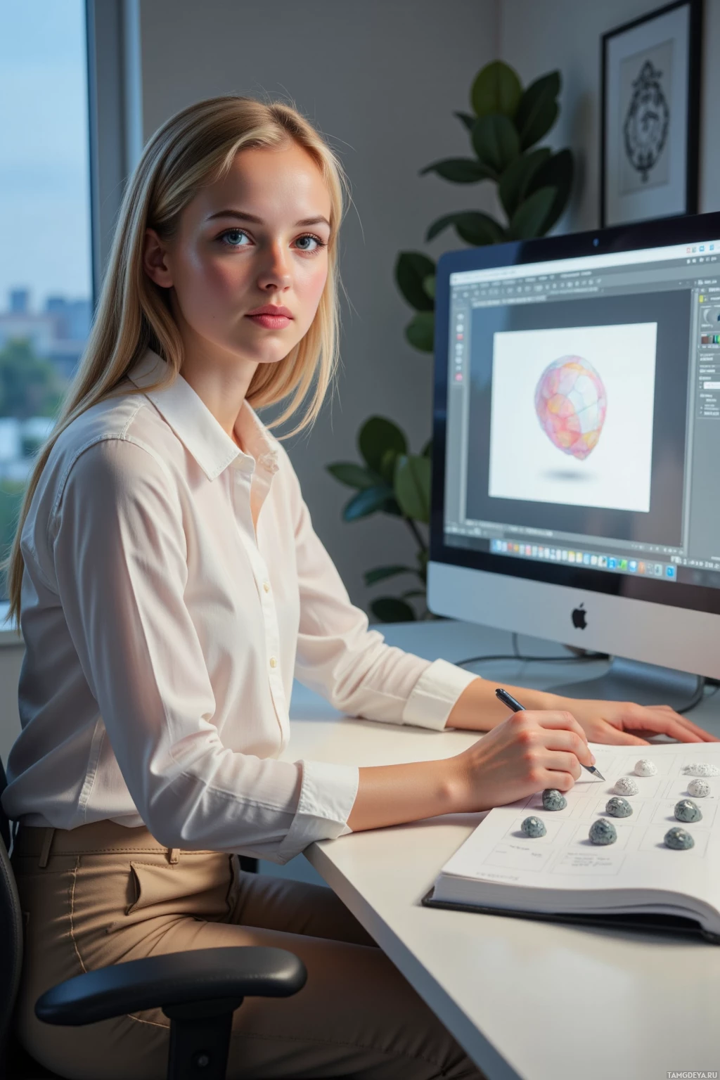 A person is working at a desk with a computer displaying a 3D model and taking notes on a document beside small objects resembling rocks or stones.