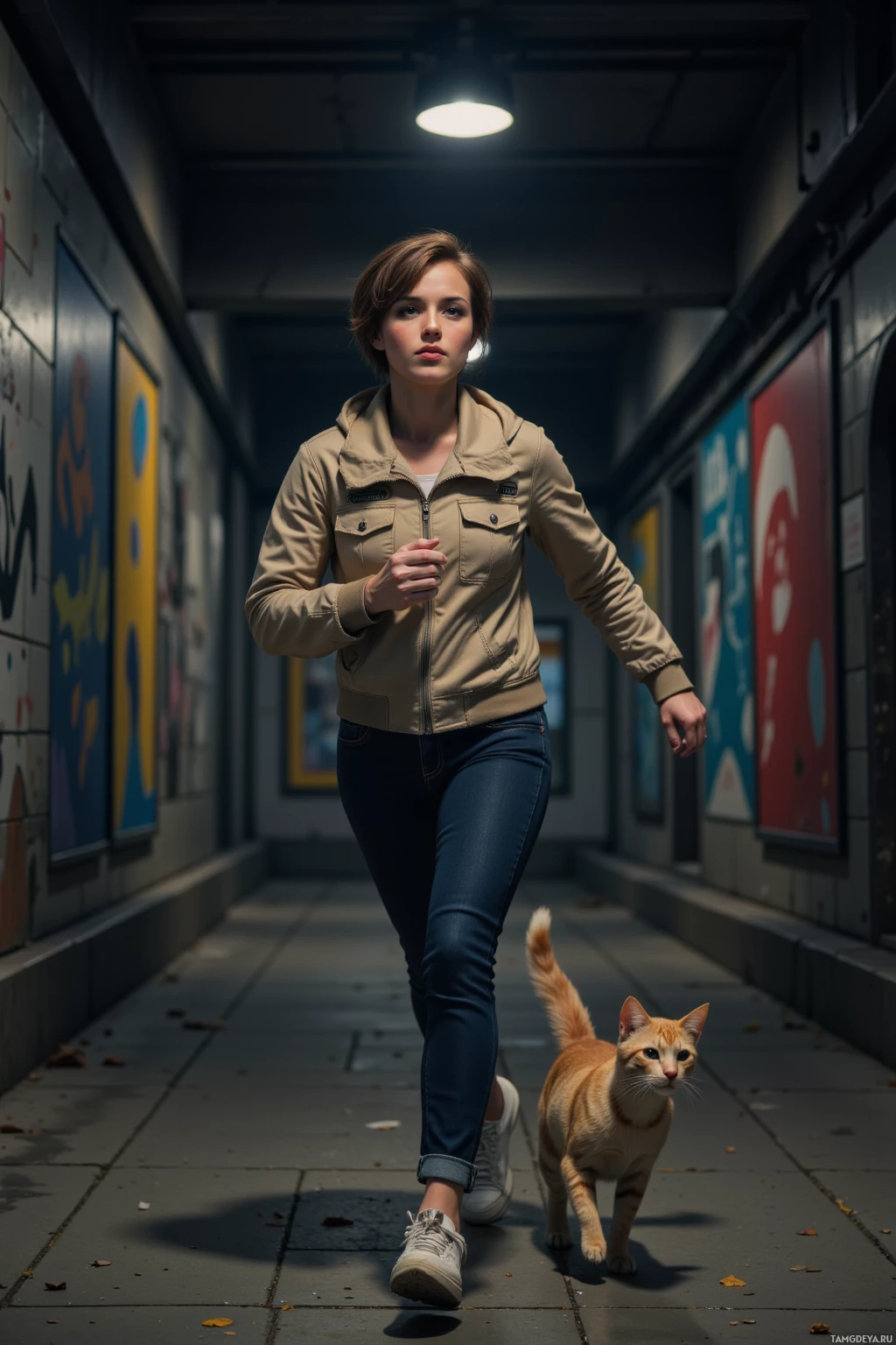 A person walks down a hallway with a cat following closely behind.