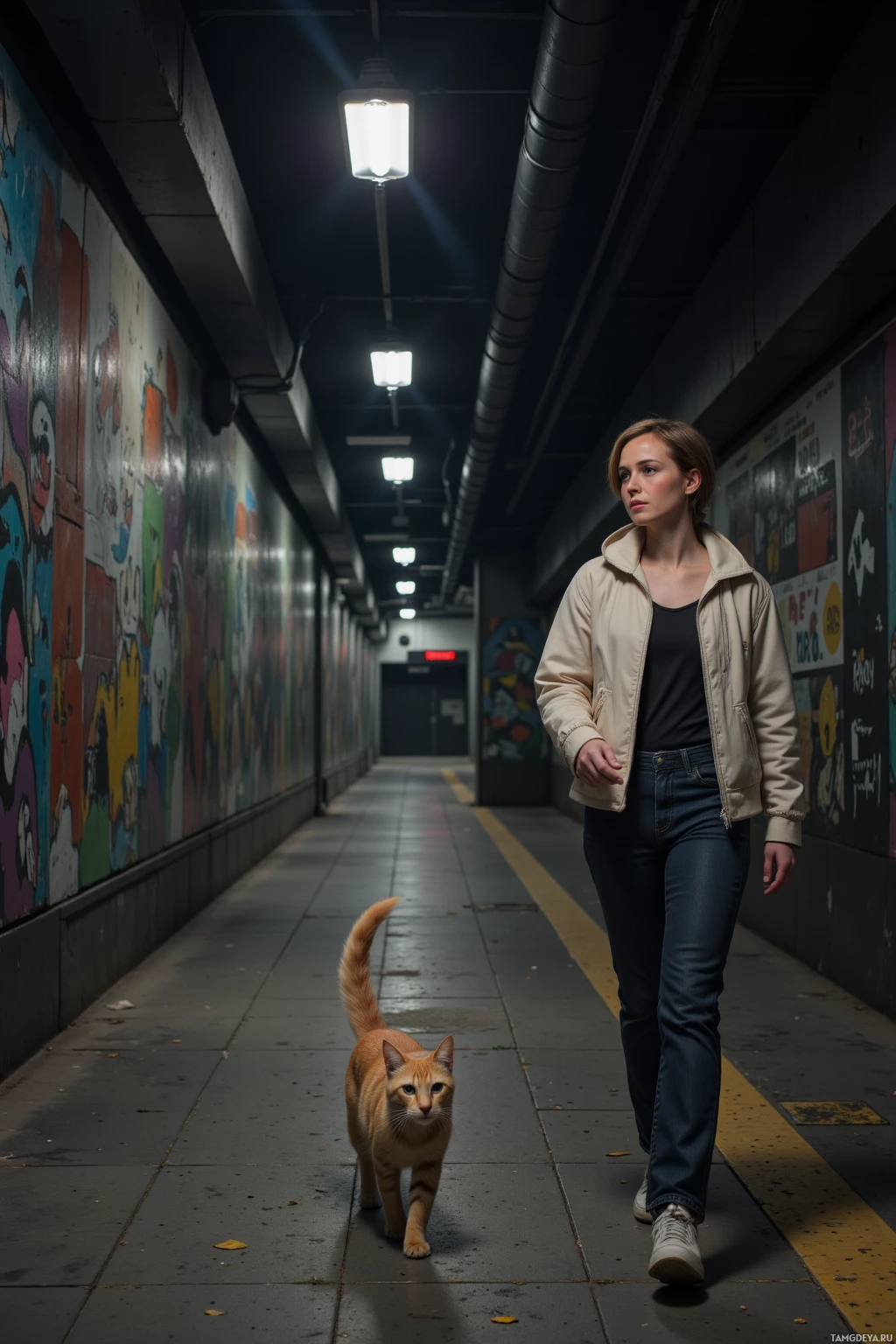 A woman walks down a dimly lit corridor with a cat following her.
