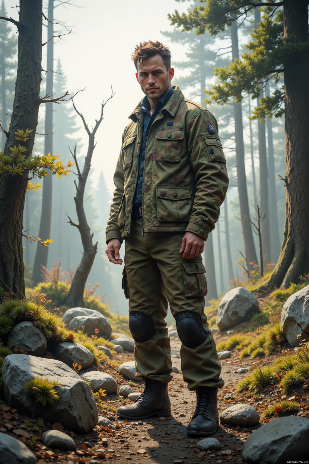 A person stands in a forested area wearing camouflage military-style clothing and boots.