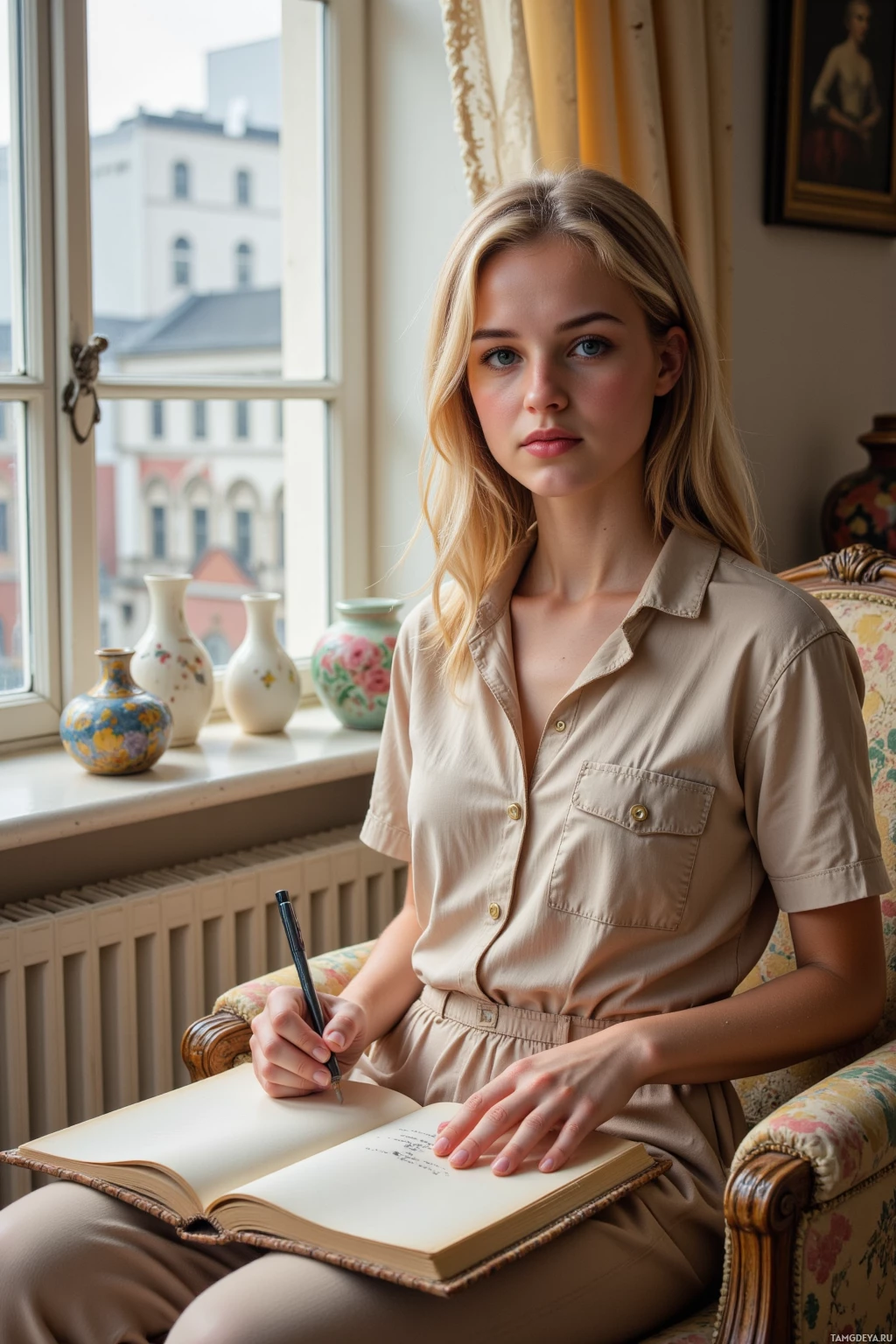 A person is sitting in an armchair by a window, writing in a notebook with a pen.