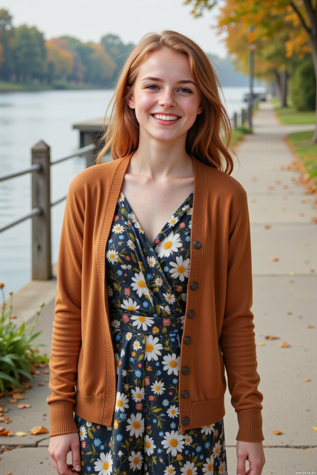 A person stands outdoors near a body of water, wearing a floral dress and a brown cardigan.
