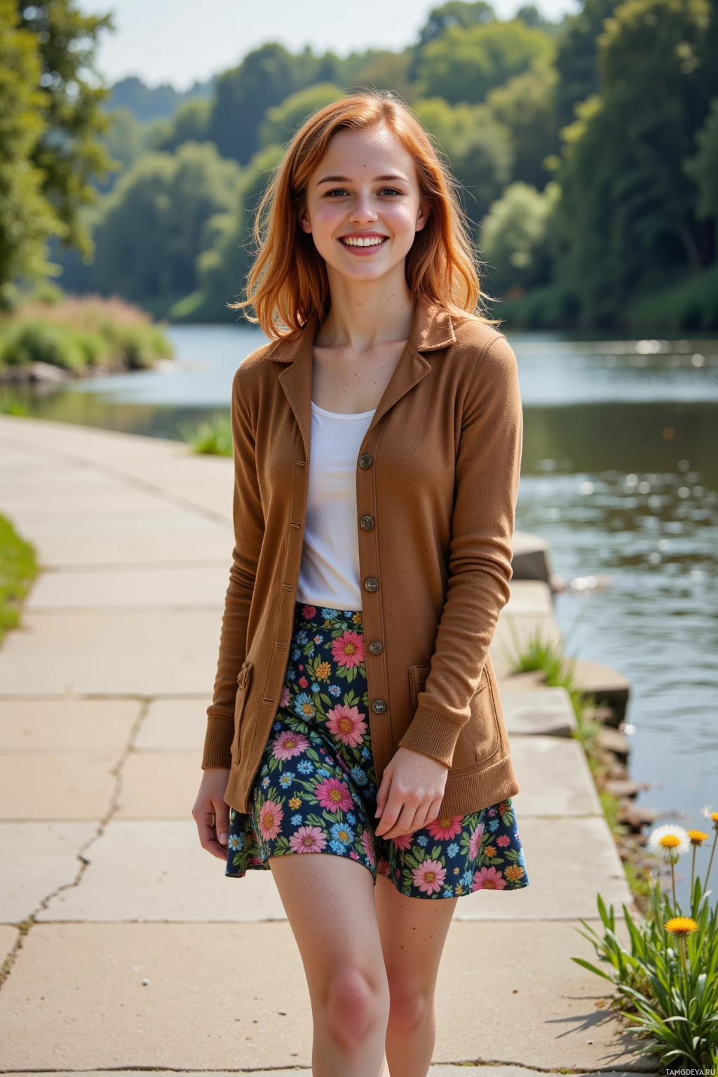 A person stands by a lakeside path wearing a brown cardigan over a white top and a floral skirt.