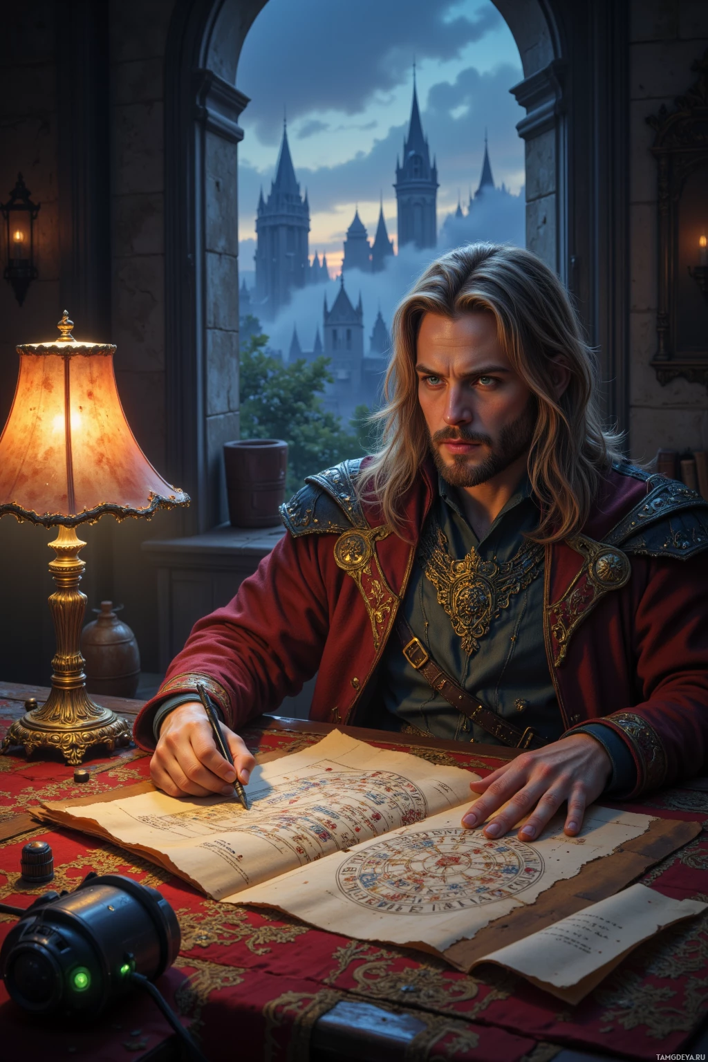 A man in ornate attire sits at a desk with an illuminated lamp, studying ancient maps and charts against a backdrop of a castle.