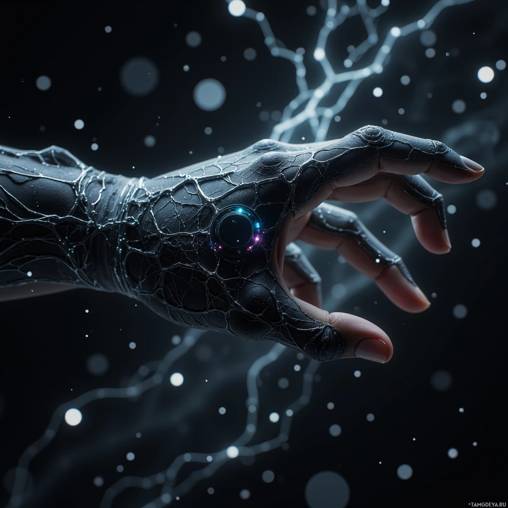 A hand with a cracked, metallic texture and glowing elements against a dark, starry background.