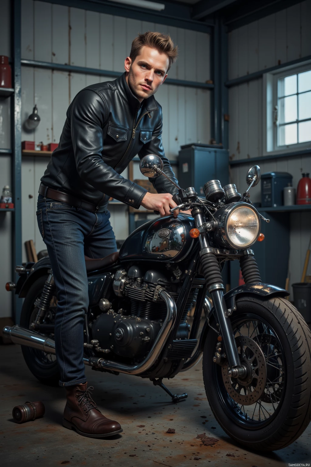 A man in a leather jacket stands beside a classic motorcycle in a garage.
