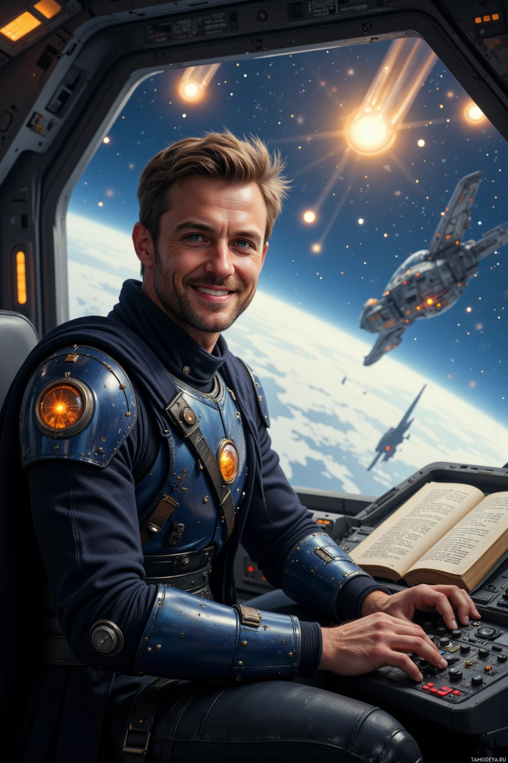 A person in a futuristic space suit operates a control panel with a book open nearby, set against a backdrop of space and a distant planet.