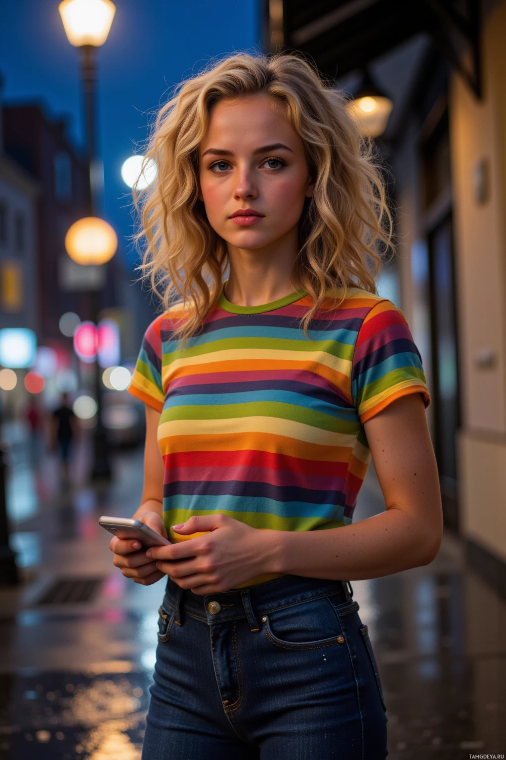 A person wearing a colorful striped shirt and jeans stands on a street at dusk, holding a phone.