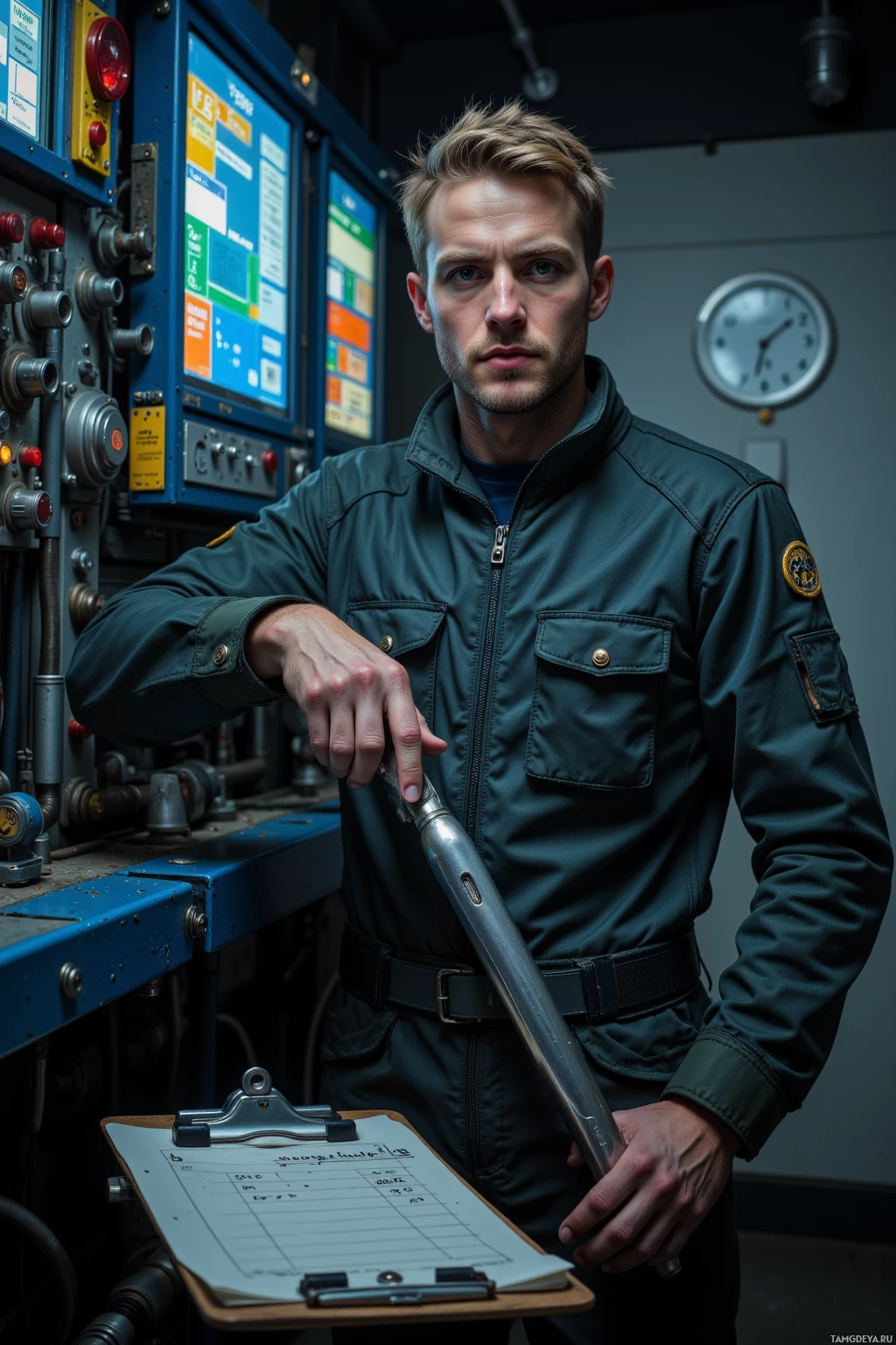 A man in a green uniform stands in a control room, holding a tool and a clipboard.