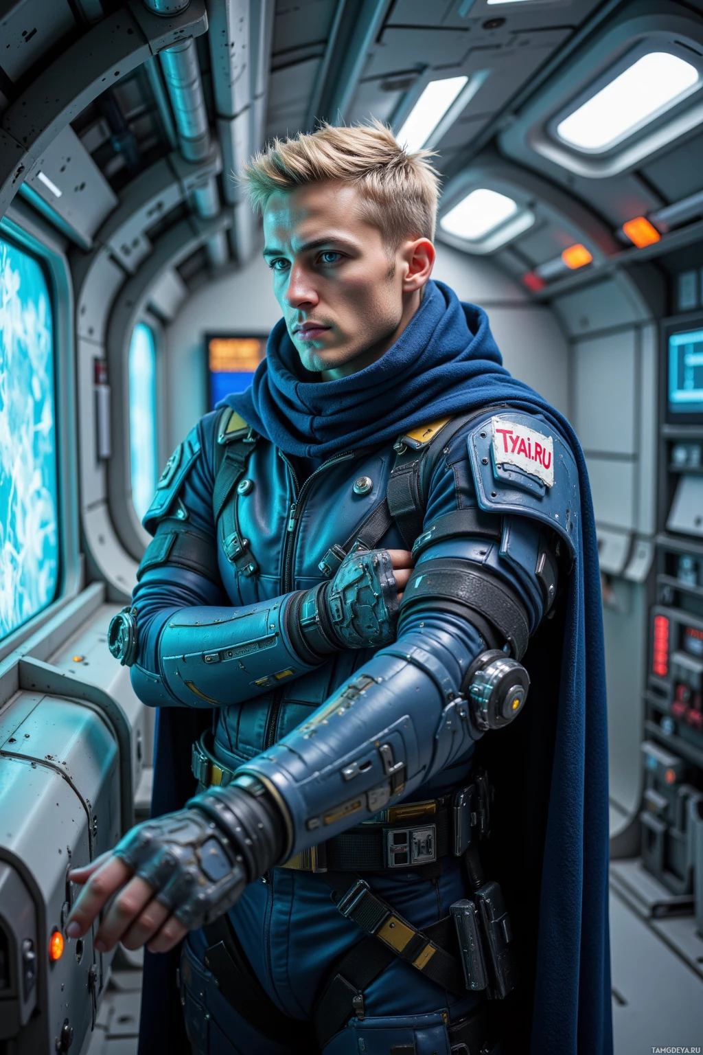 A person in a futuristic, armored outfit stands inside a spacecraft.