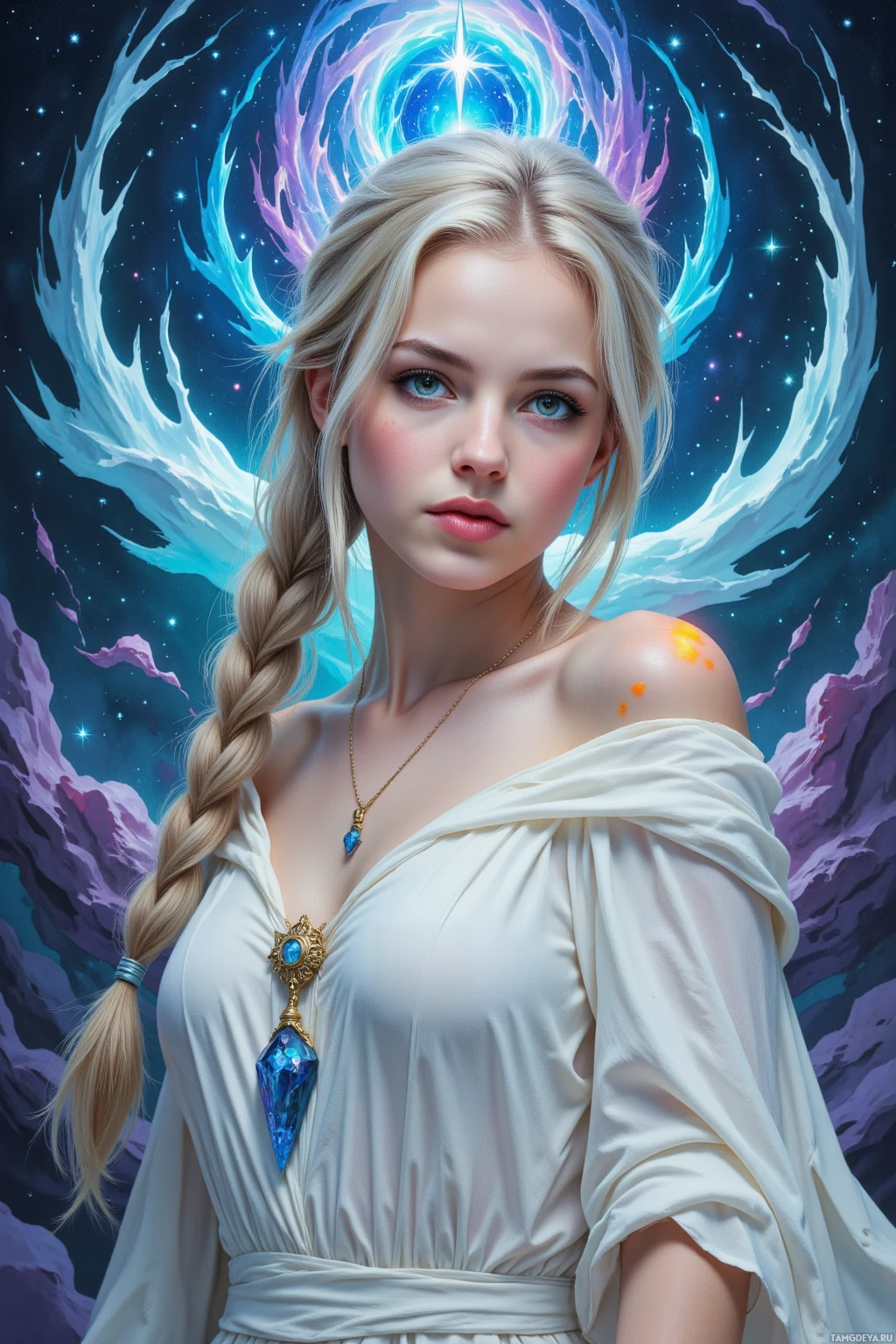 A woman with long blonde hair in a braid, wearing a white dress with a blue pendant, stands against a cosmic background with swirling clouds and stars.