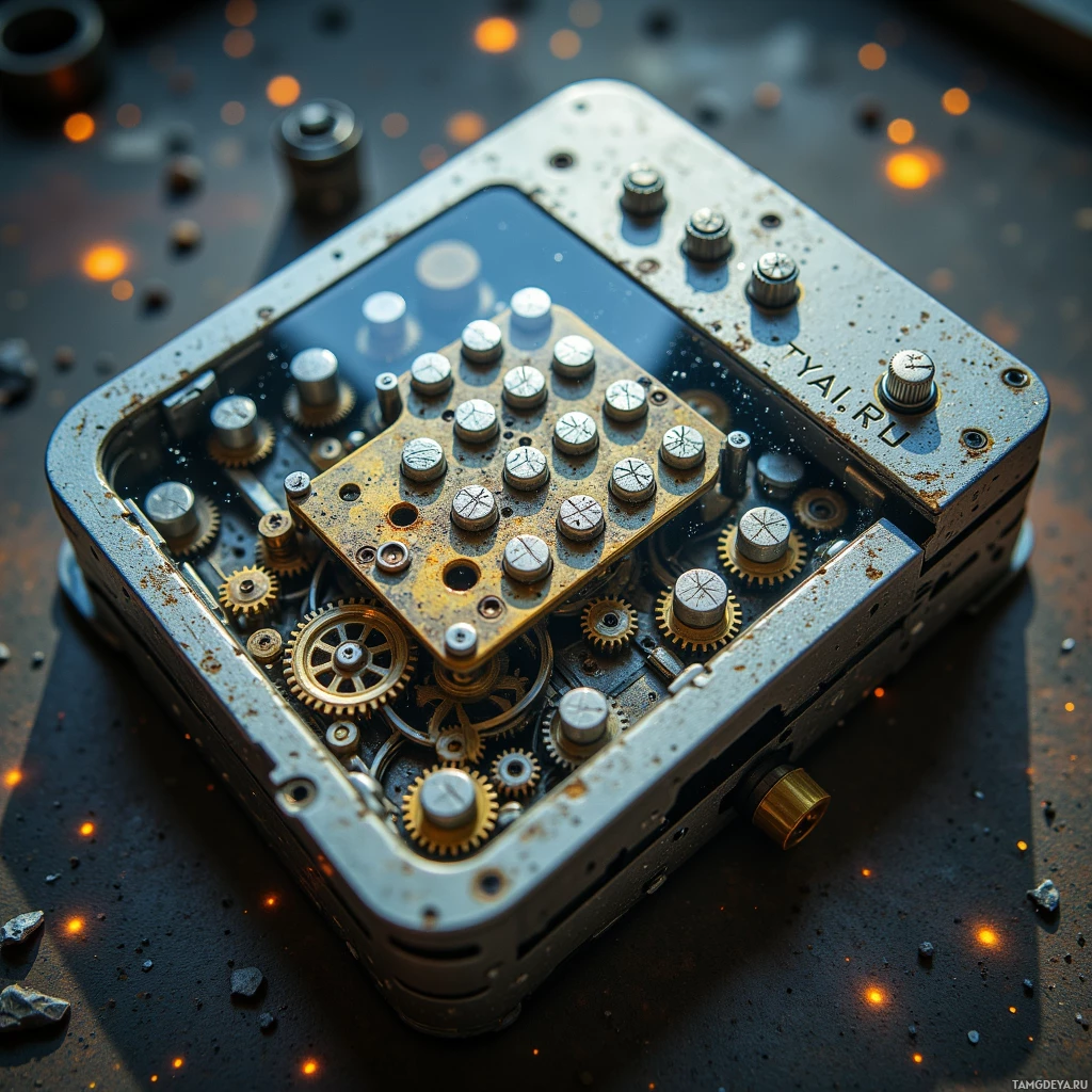 A close-up of a mechanical device with gears and buttons.