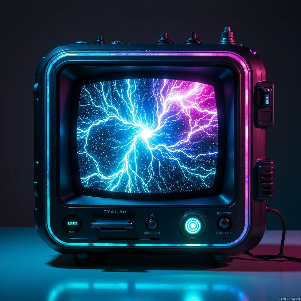 A retro television set displays a vibrant lightning bolt pattern on its screen.