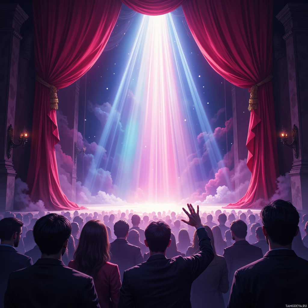 A crowd of people in a theater watches a bright light shining through a red curtain.