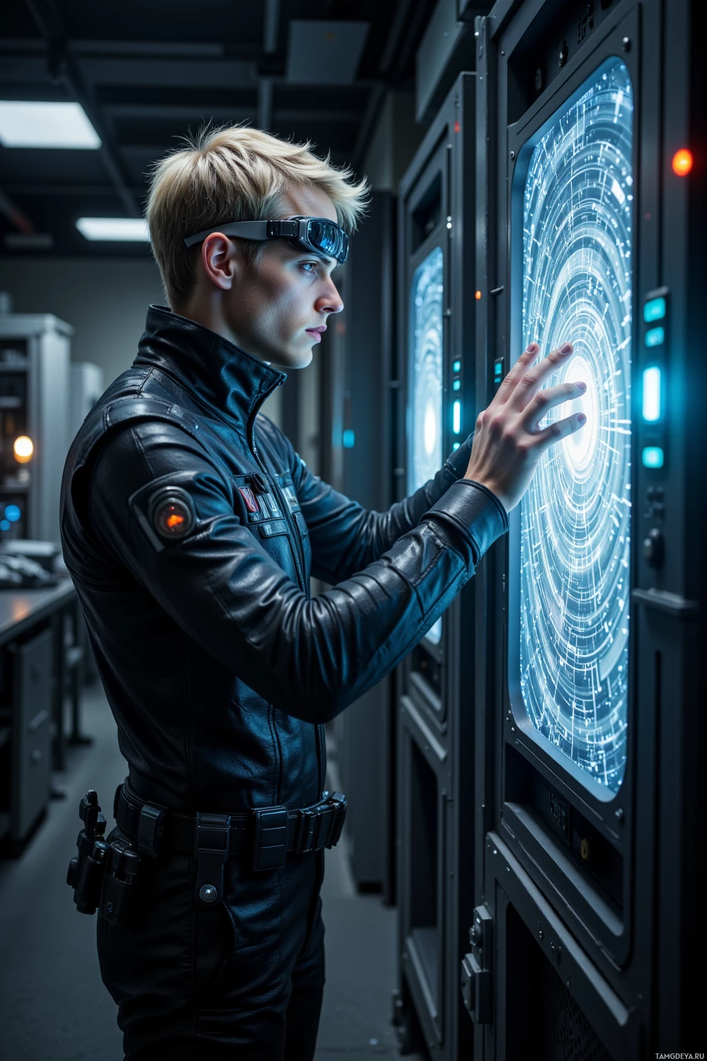 A person in a leather outfit interacts with a futuristic interface in a high-tech environment.