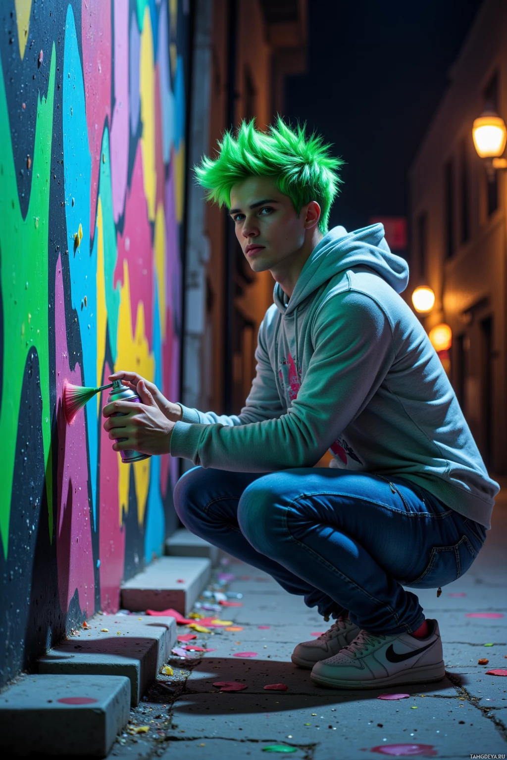 A person with bright green hair crouches near a colorful graffiti wall at night, holding spray paint.