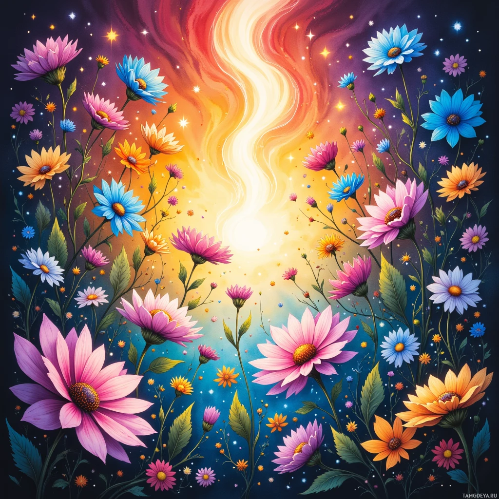 A vibrant floral scene with colorful flowers and a glowing sun in the background.