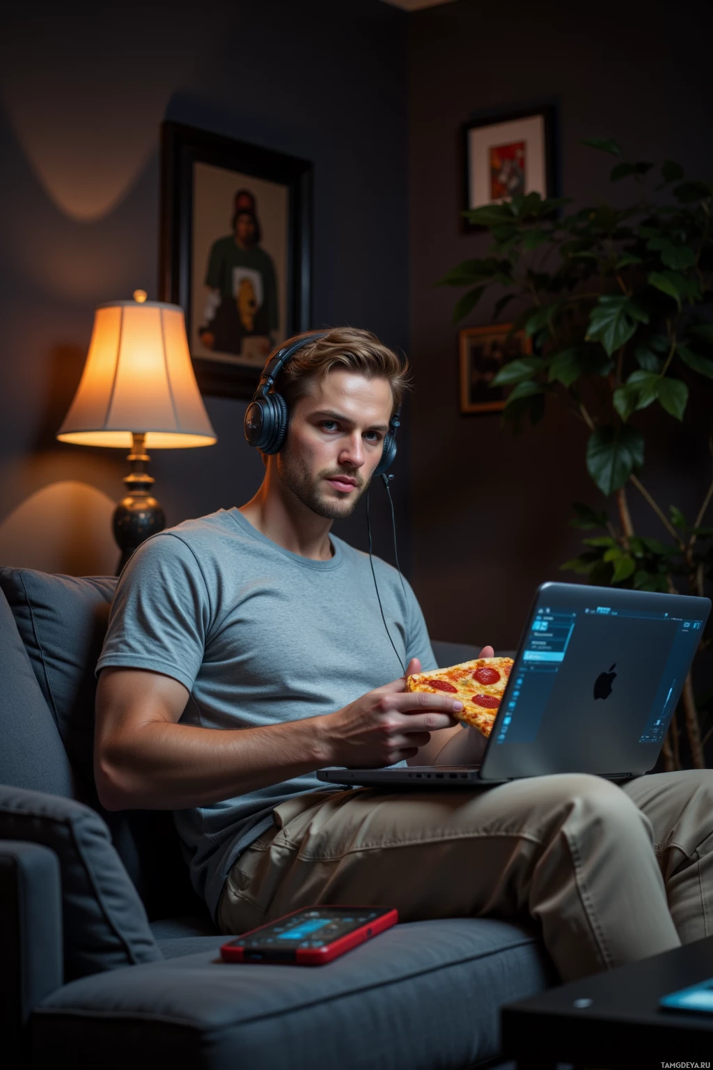 A man wearing headphones sits on a couch, holding a pizza slice while using a laptop.