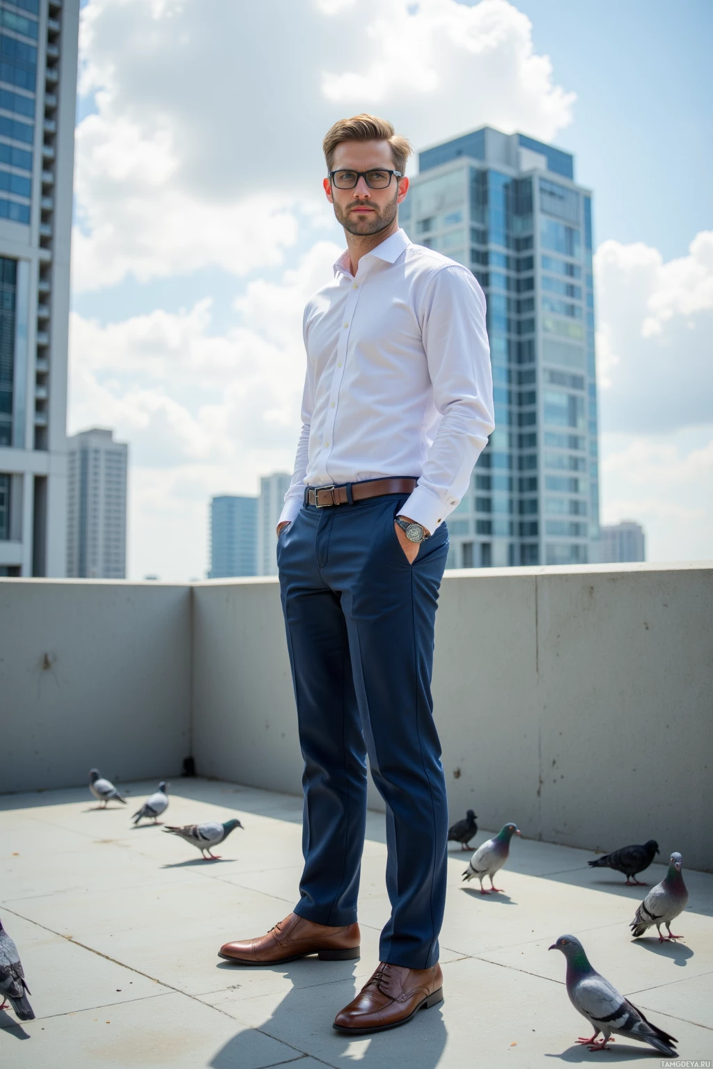 A man in a white shirt and blue pants stands on a rooftop with pigeons and city buildings in the background.