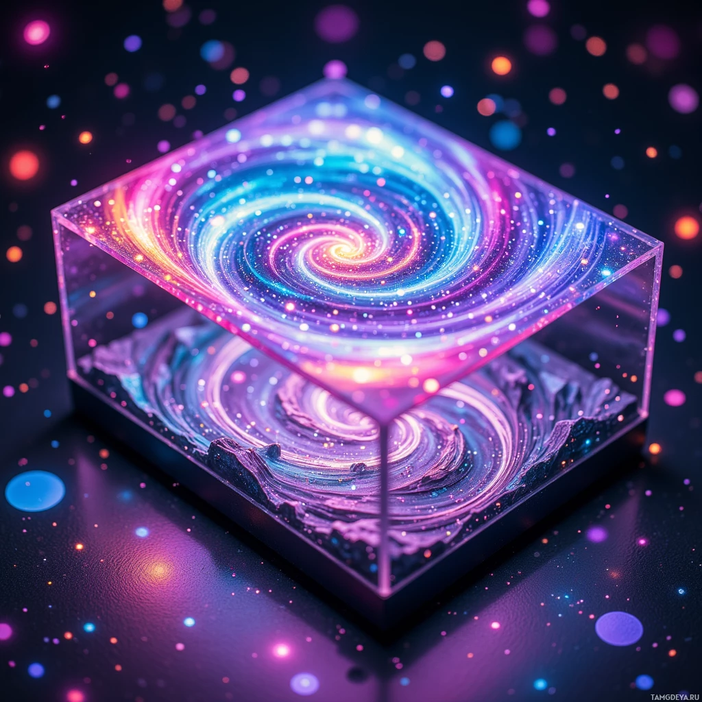 A glowing, transparent cube with a swirling galaxy design inside, set against a starry background.