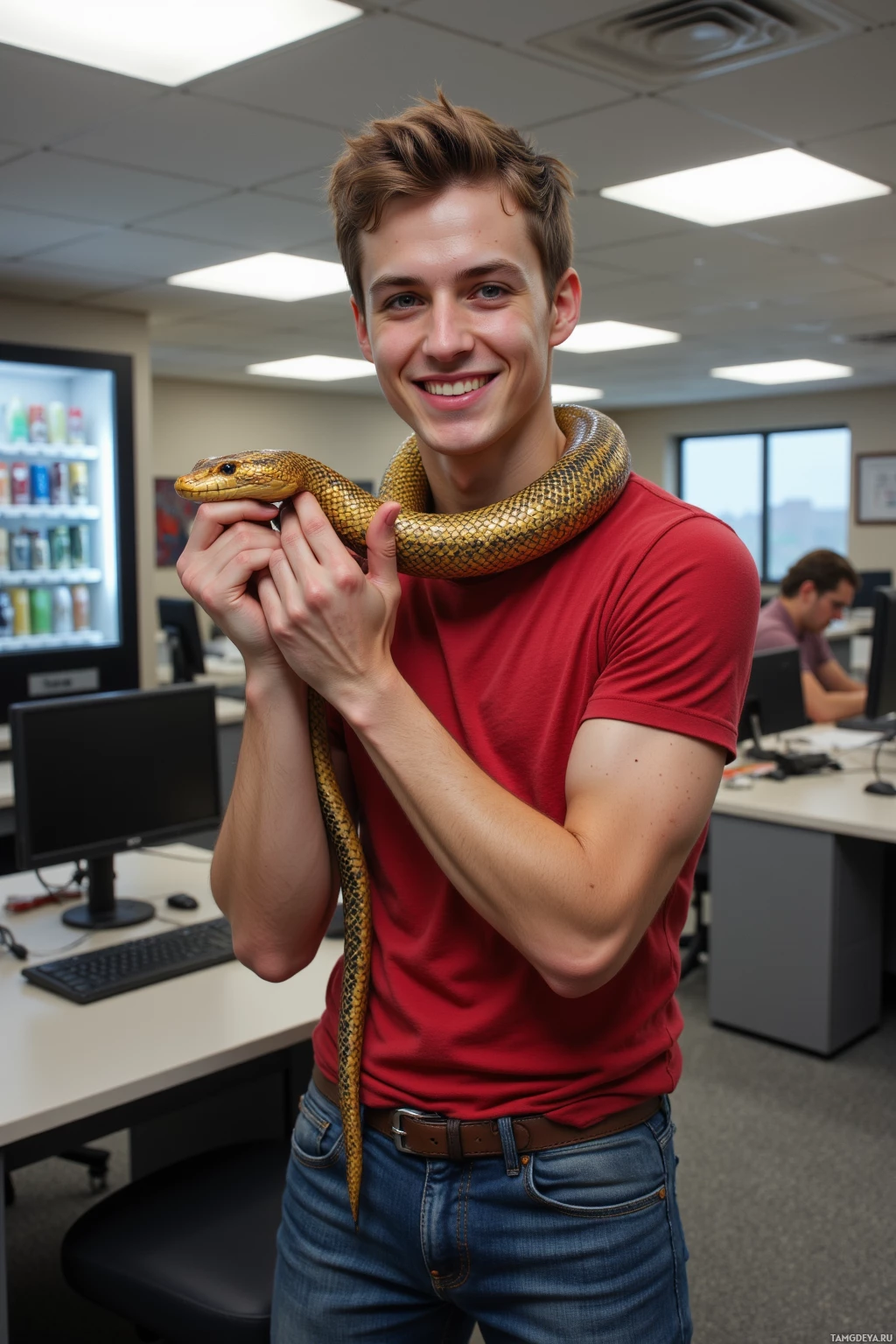 A person in a red shirt holds a snake in an office setting.