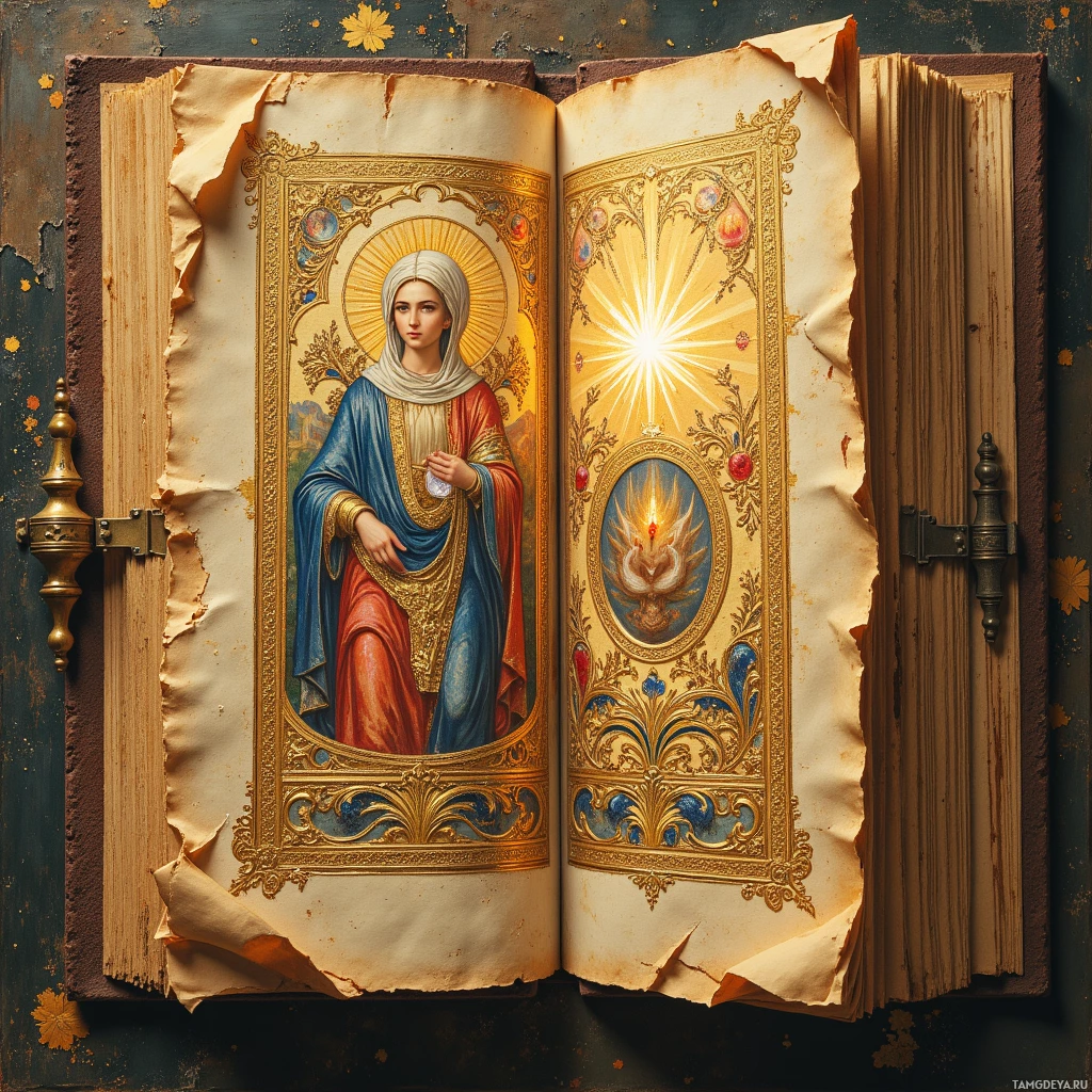 An ornate book with a religious illustration and a glowing emblem on the right page.