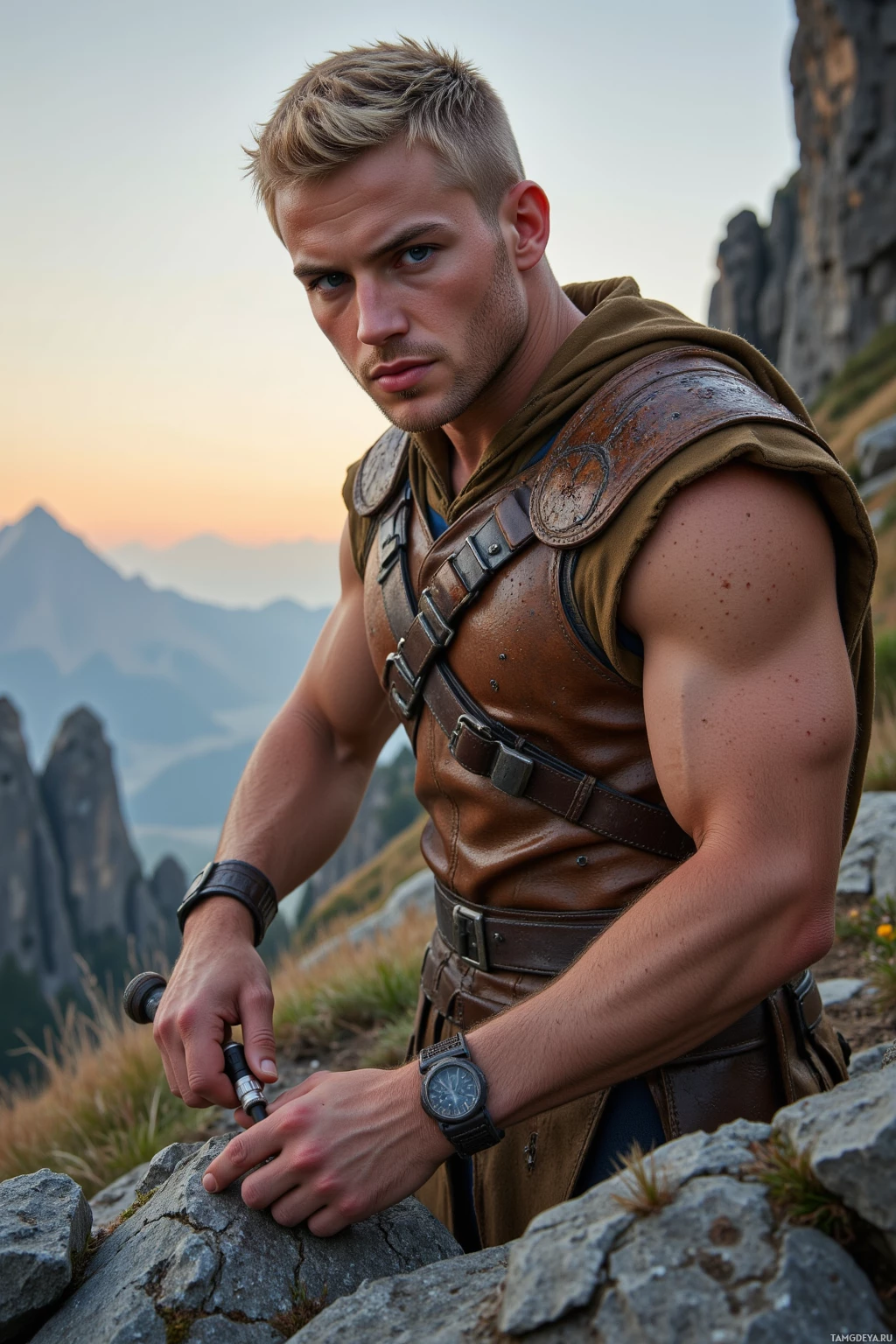A muscular man in a rugged outfit stands on a rocky mountain peak, holding a tool.