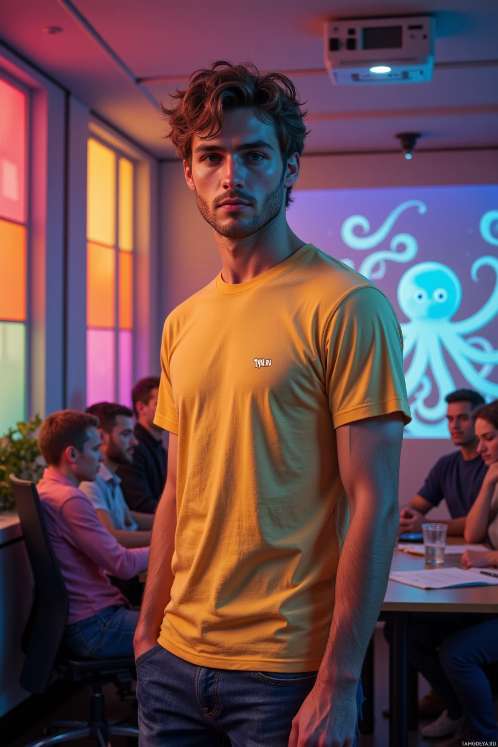 A man in a yellow t-shirt stands in a room with a group of people seated at a table.