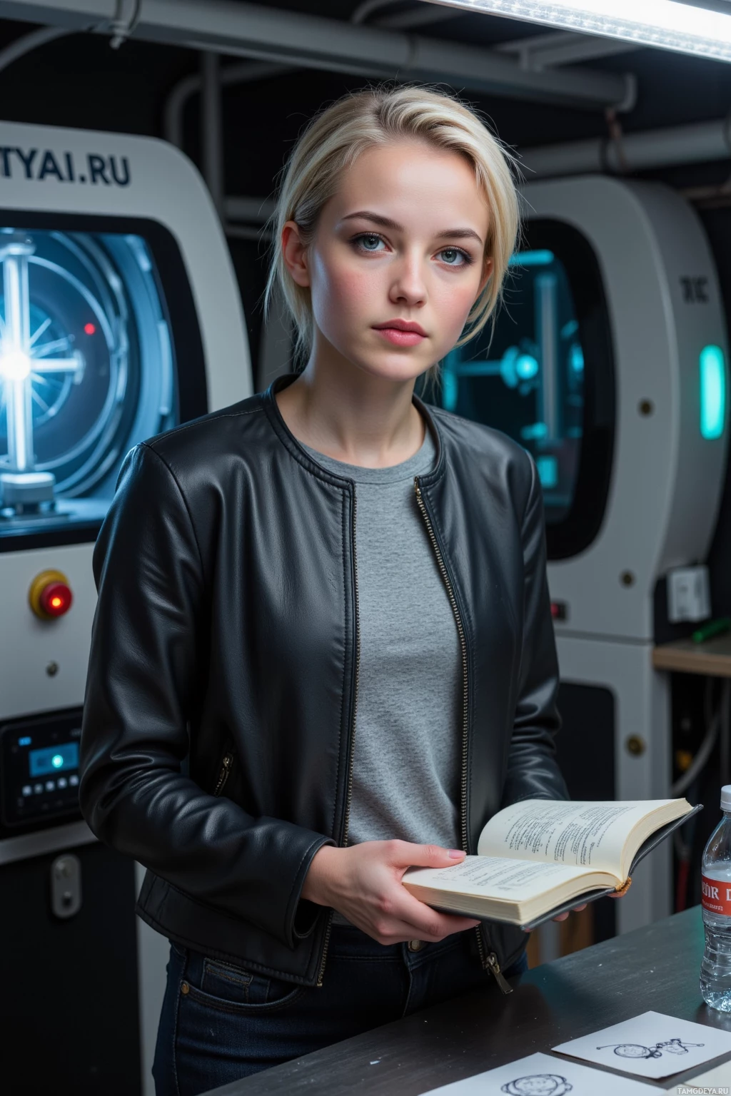 A person stands in front of futuristic equipment while holding an open book.