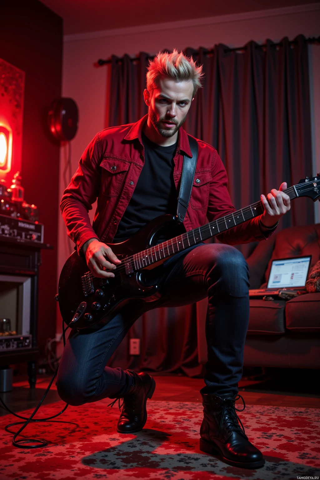 A person plays an electric guitar in a dimly lit room with red lighting.