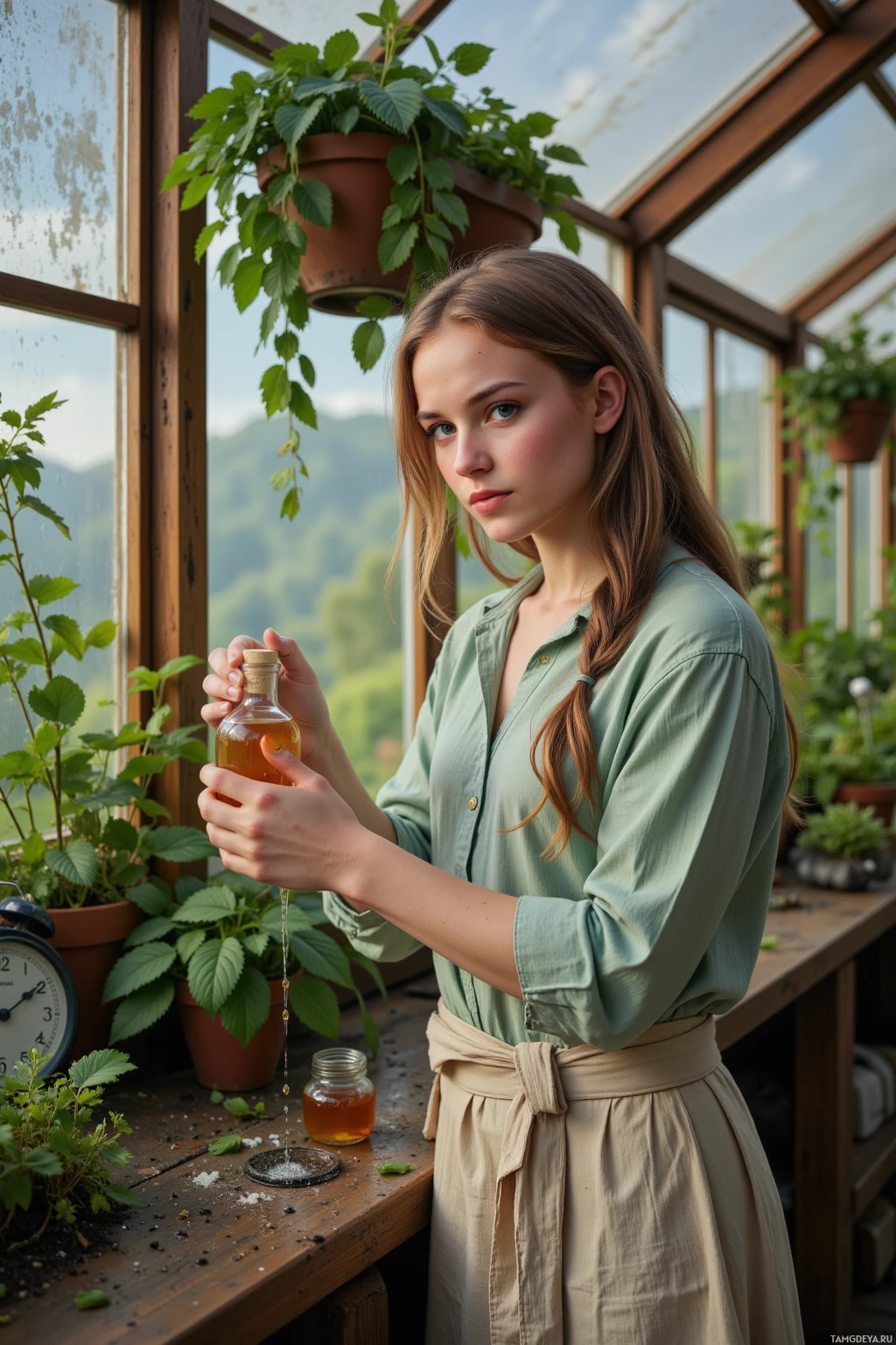 A woman stands in a greenhouse, holding a bottle of liquid, with plants and a clock in the background.