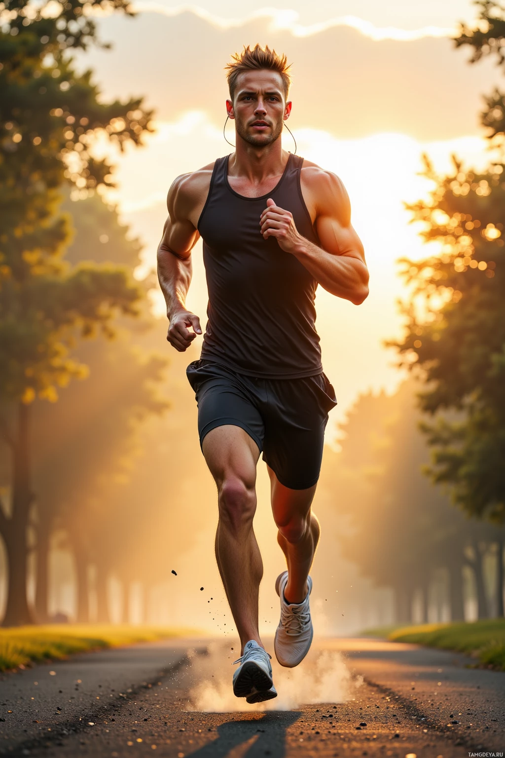 A man is running on a road surrounded by trees at sunset.