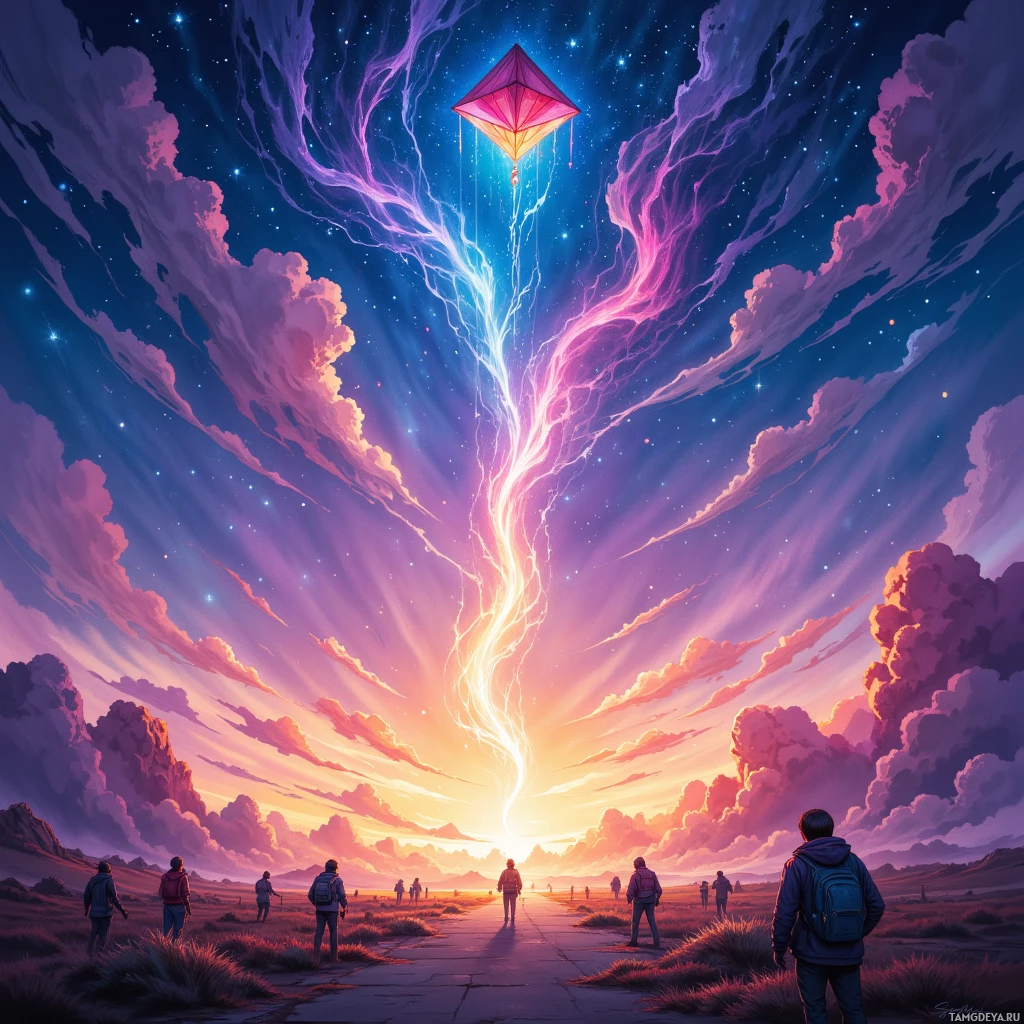 A group of people stands on a path under a vibrant sky with a kite flying high.