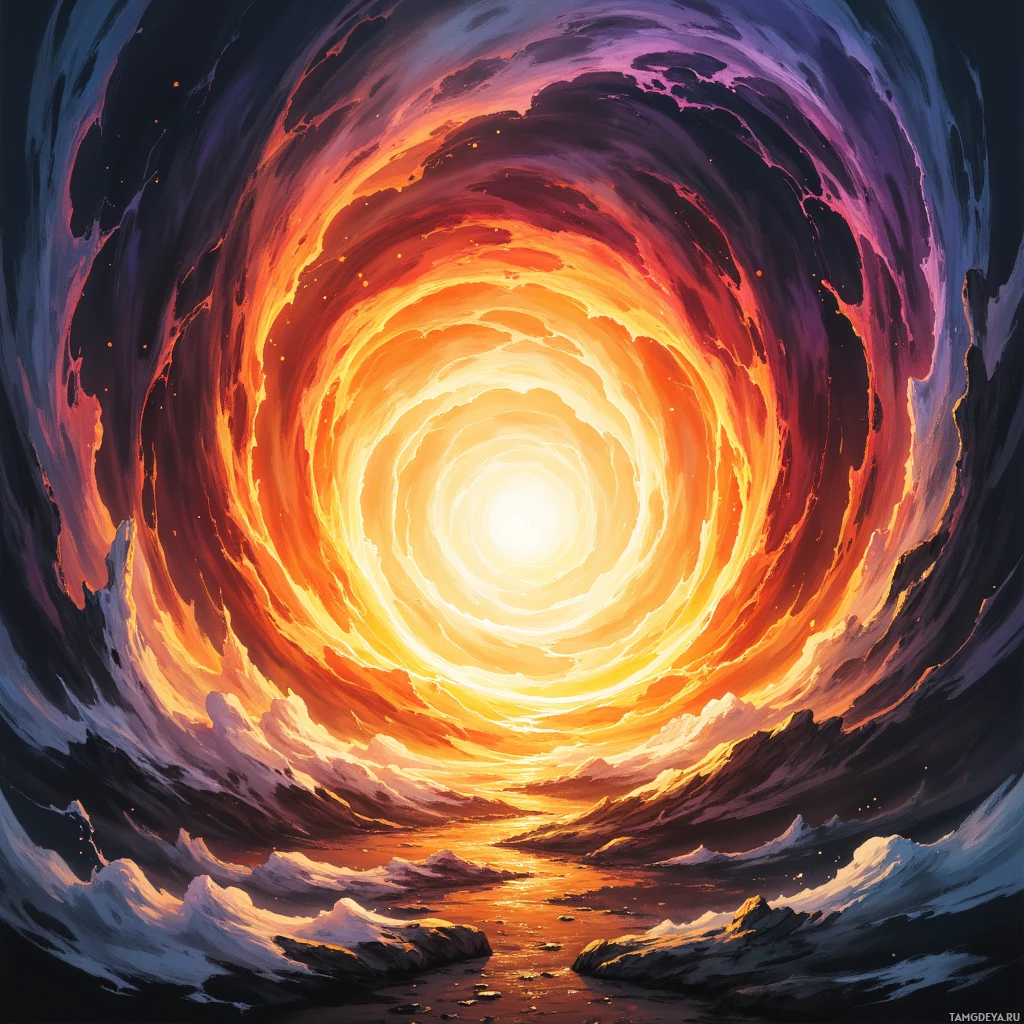 A swirling vortex of fiery colors and glowing light.