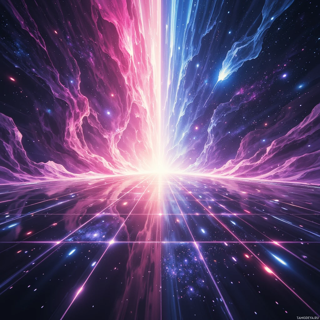 A vibrant cosmic scene with glowing nebulae and starlight.