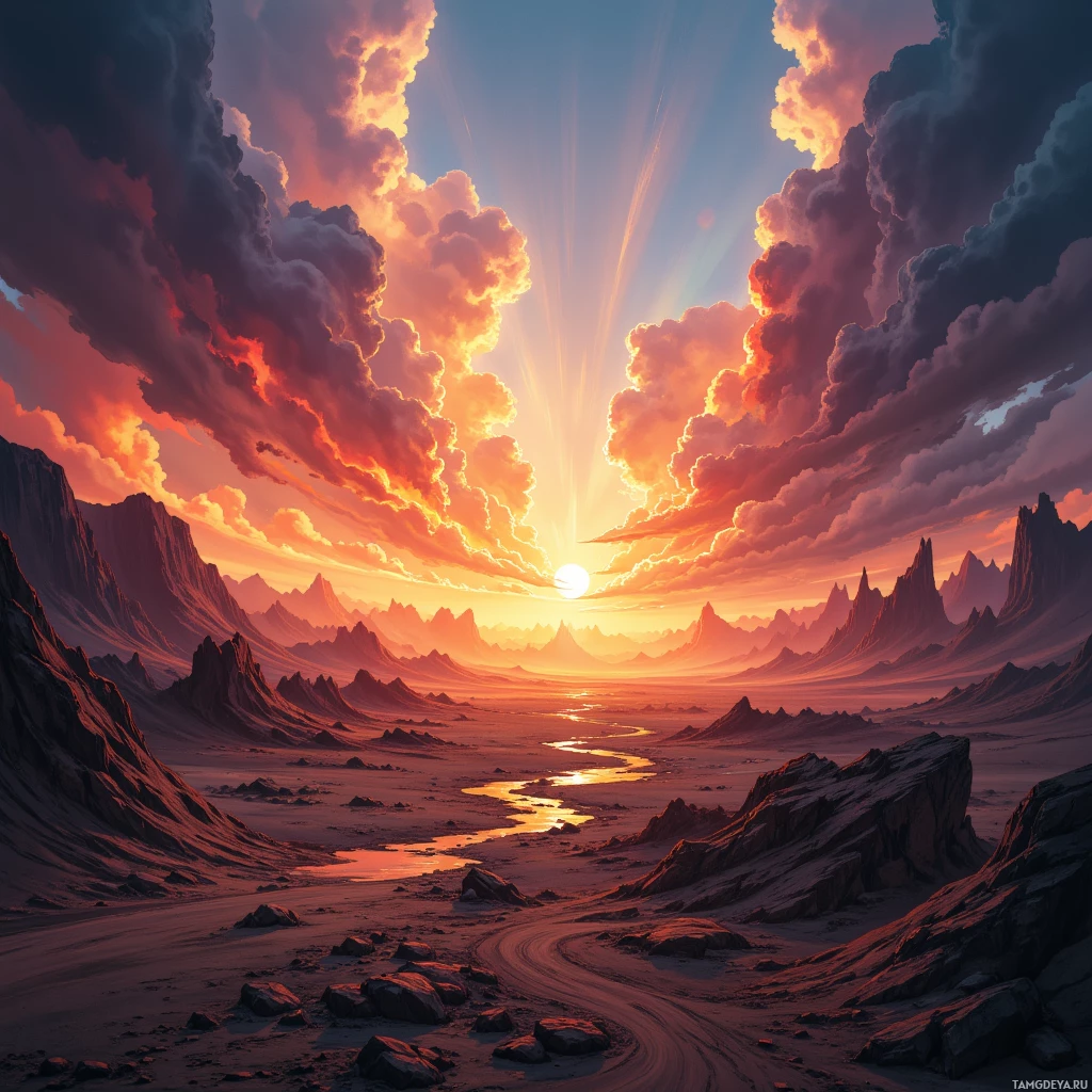 A dramatic sunset over a rugged, desert-like landscape with a winding river and distant mountain peaks.