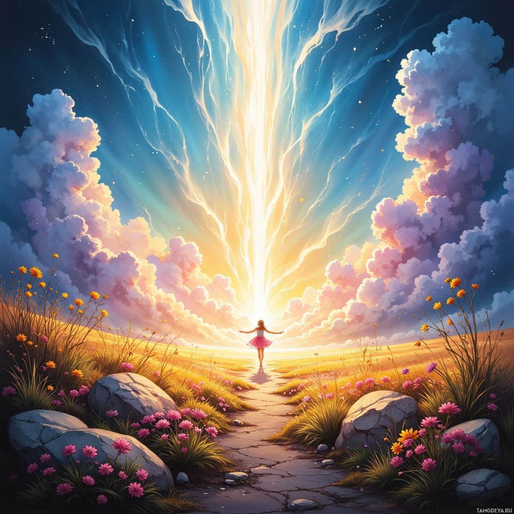 A serene landscape with a glowing light beam reaching towards the sky, a person in a pink dress walking on a path, and vibrant flowers and rocks in the foreground.