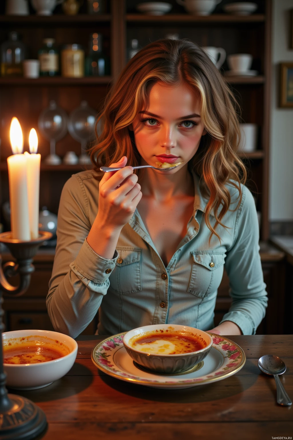 A woman is eating soup at a table with a candle in the background.