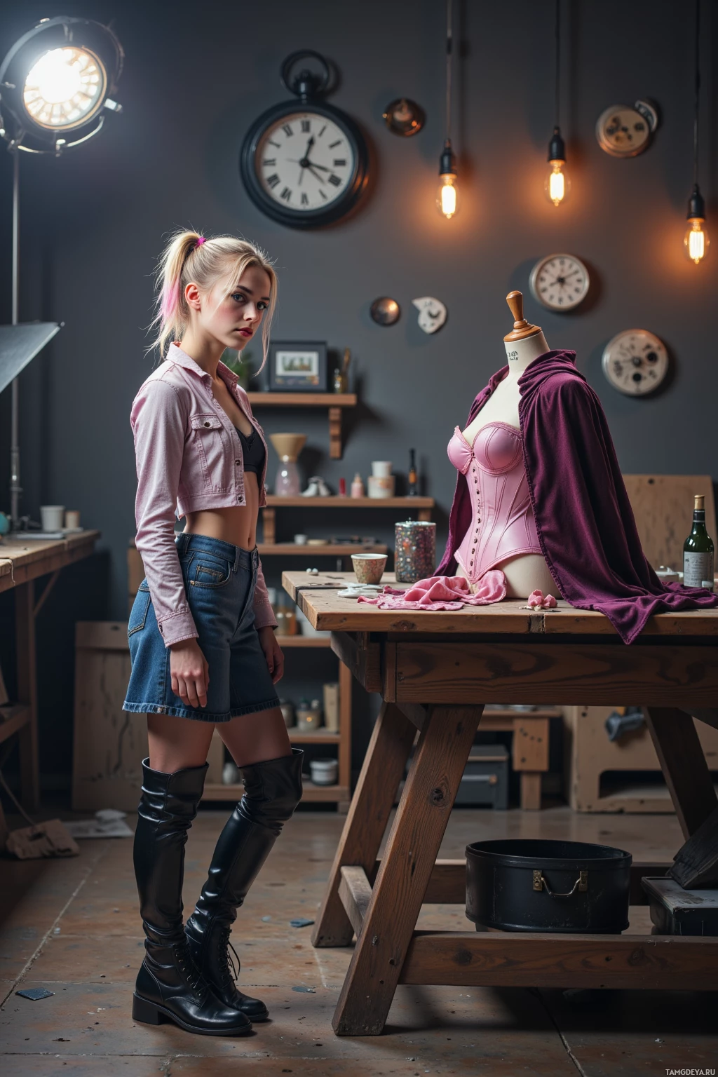 A young woman stands in a workshop-like setting, wearing a pink denim jacket, denim skirt, and black boots, with a mannequin dressed in a corset and cape nearby.