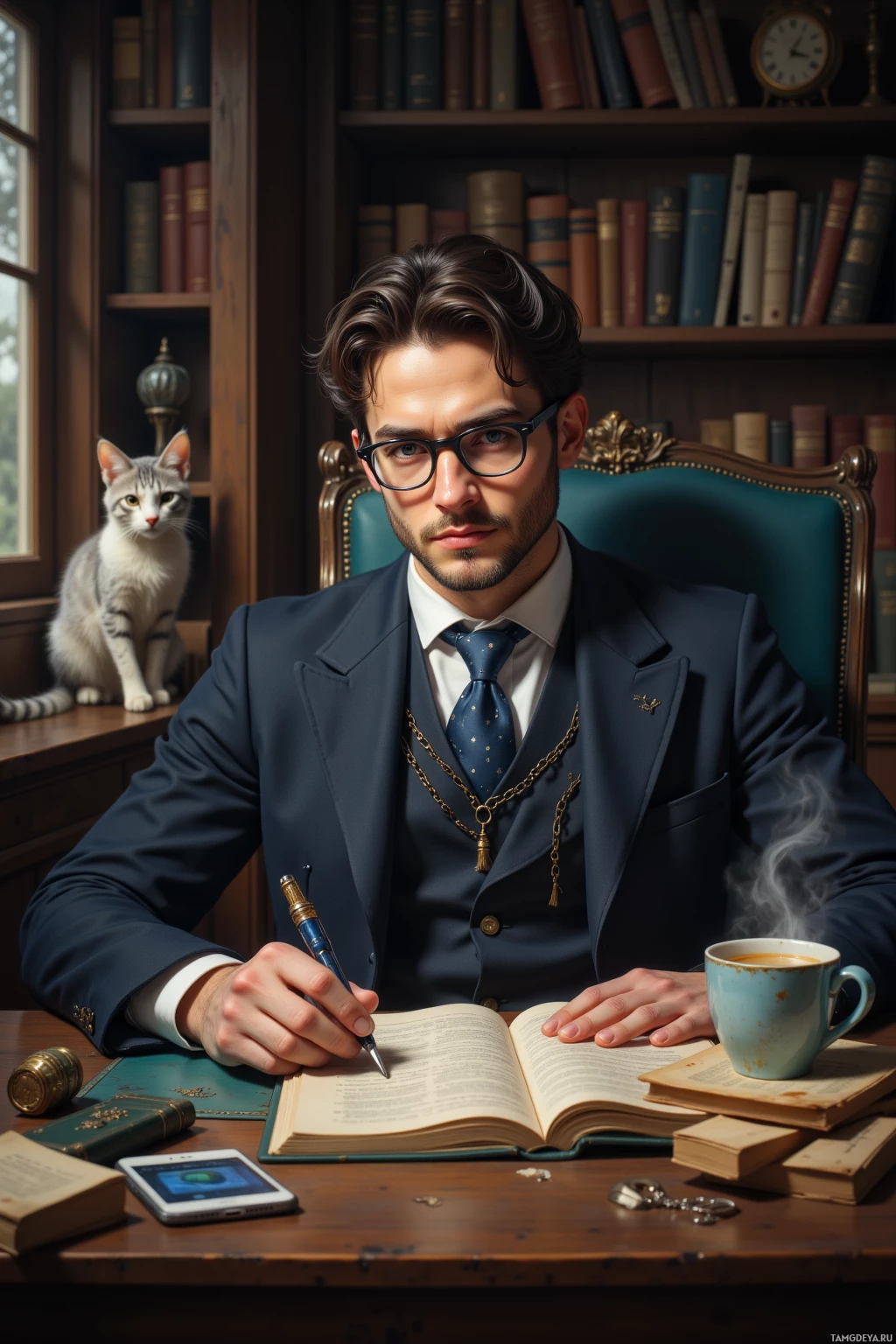 A man in a suit sits at a desk with books, a cat, and a steaming cup of coffee.
