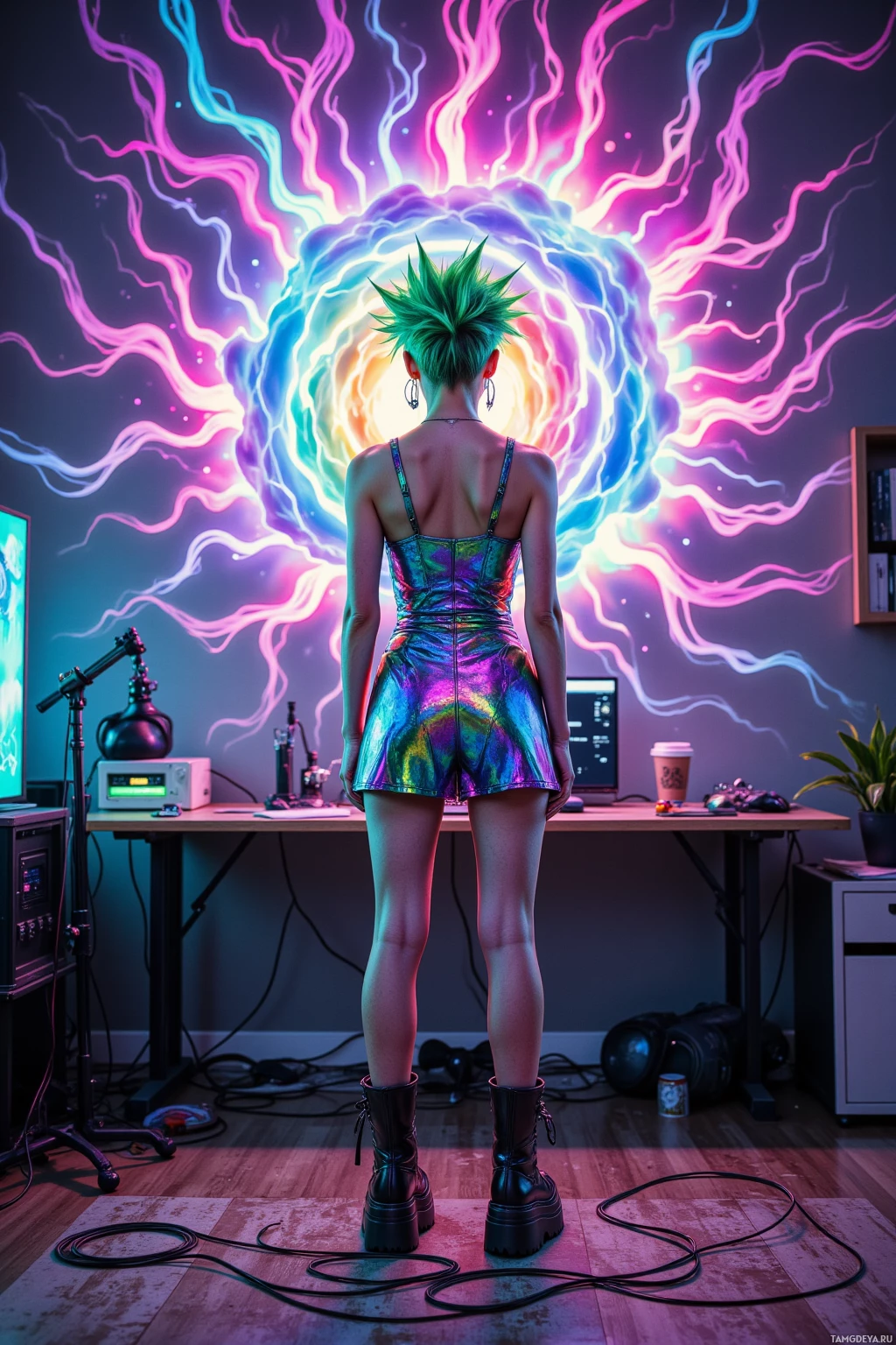 A person with green hair stands in front of a vibrant, glowing portal in a futuristic room.
