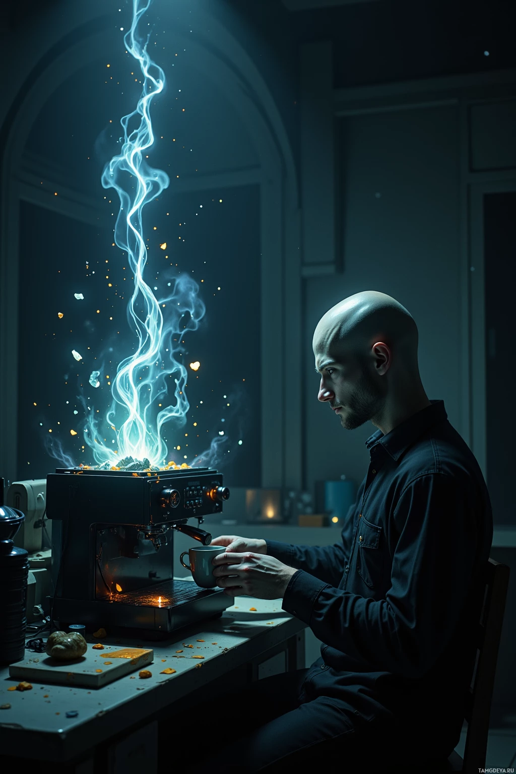 A man sits at a table, holding a cup, with a glowing, magical effect emanating from a coffee machine.